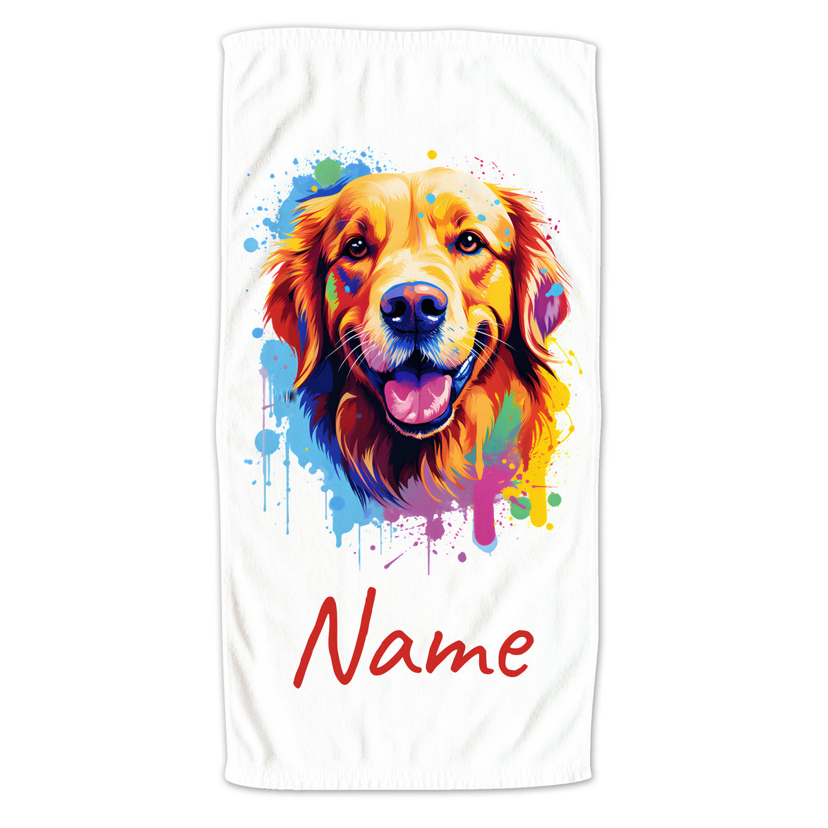 Buntes Handtuch mit goldenem Retriever und personalisiertem Namen.