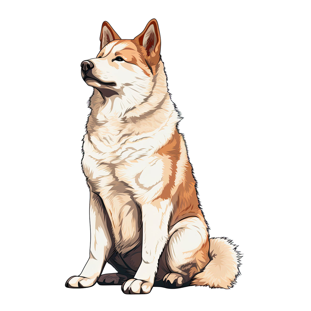 Sitzender, braun-weißer Hund mit flauschigem Fell.