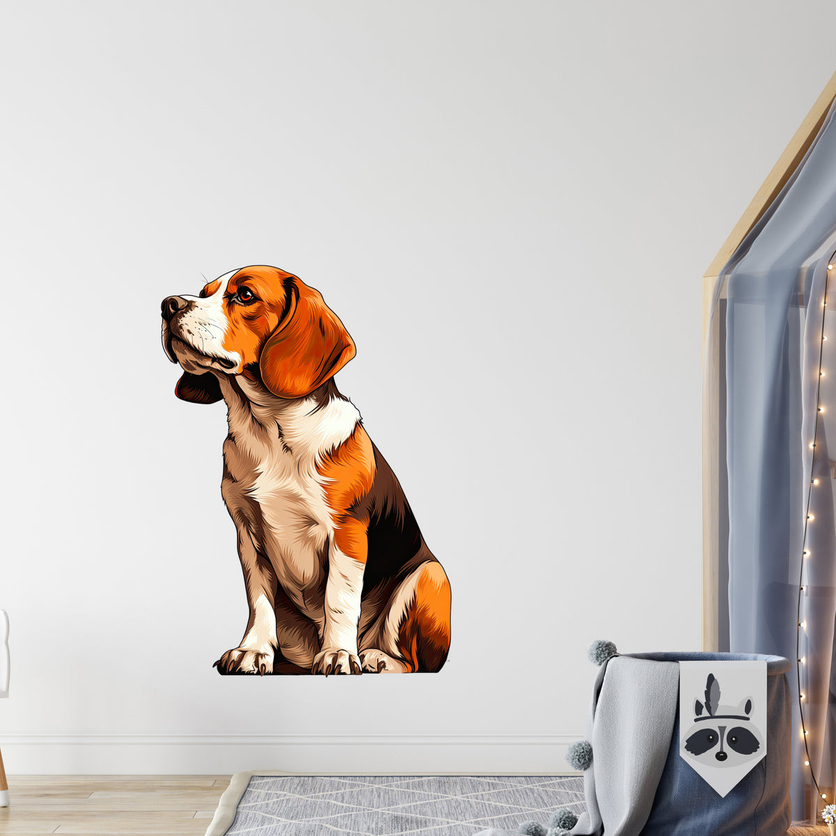 Beagle-Wandtattoo in Braun- und Orangetönen.