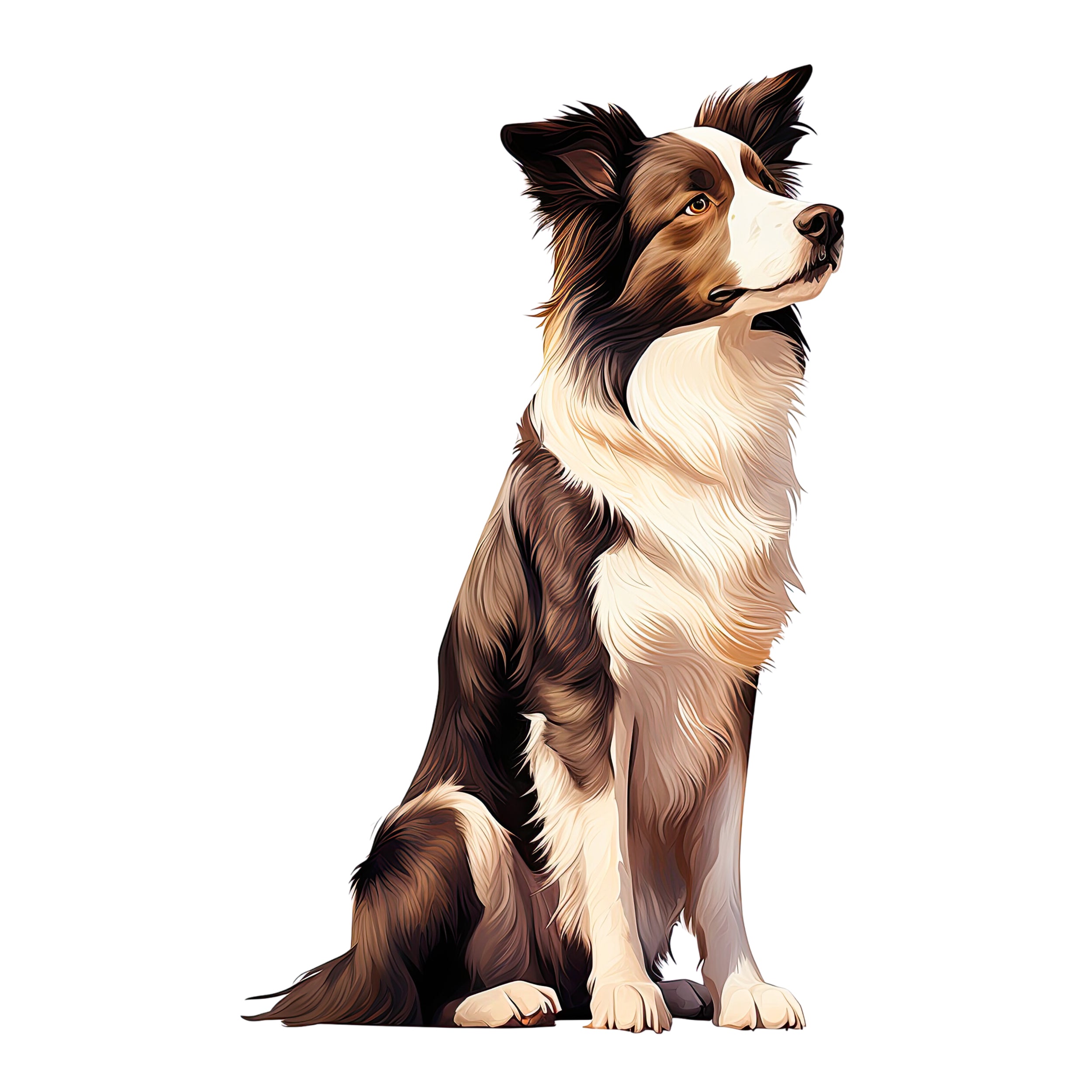 Sitzender Border Collie mit braun-weißer Fellzeichnung.