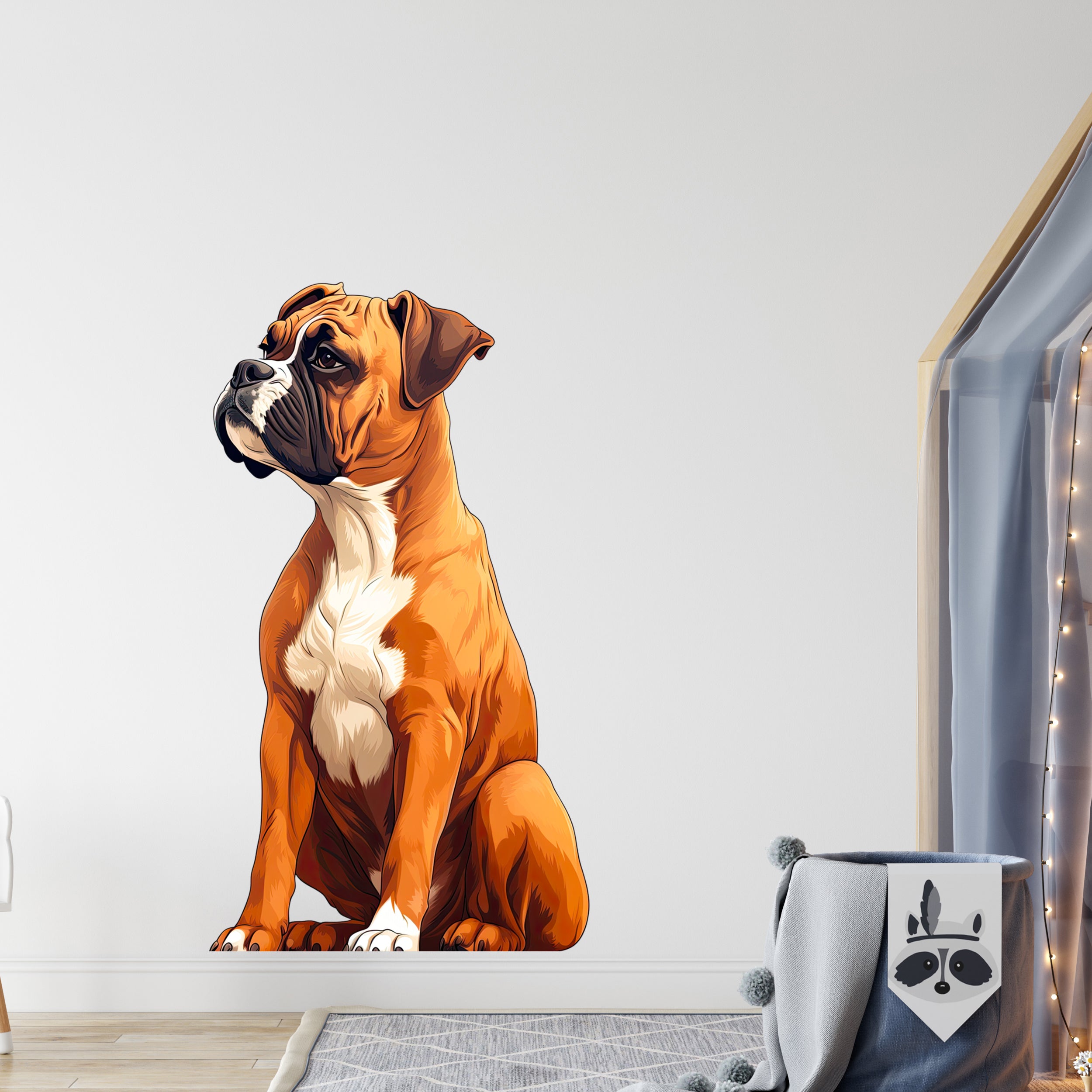 Brauner Boxer-Hund, sitzend, mit weißen Abzeichen.