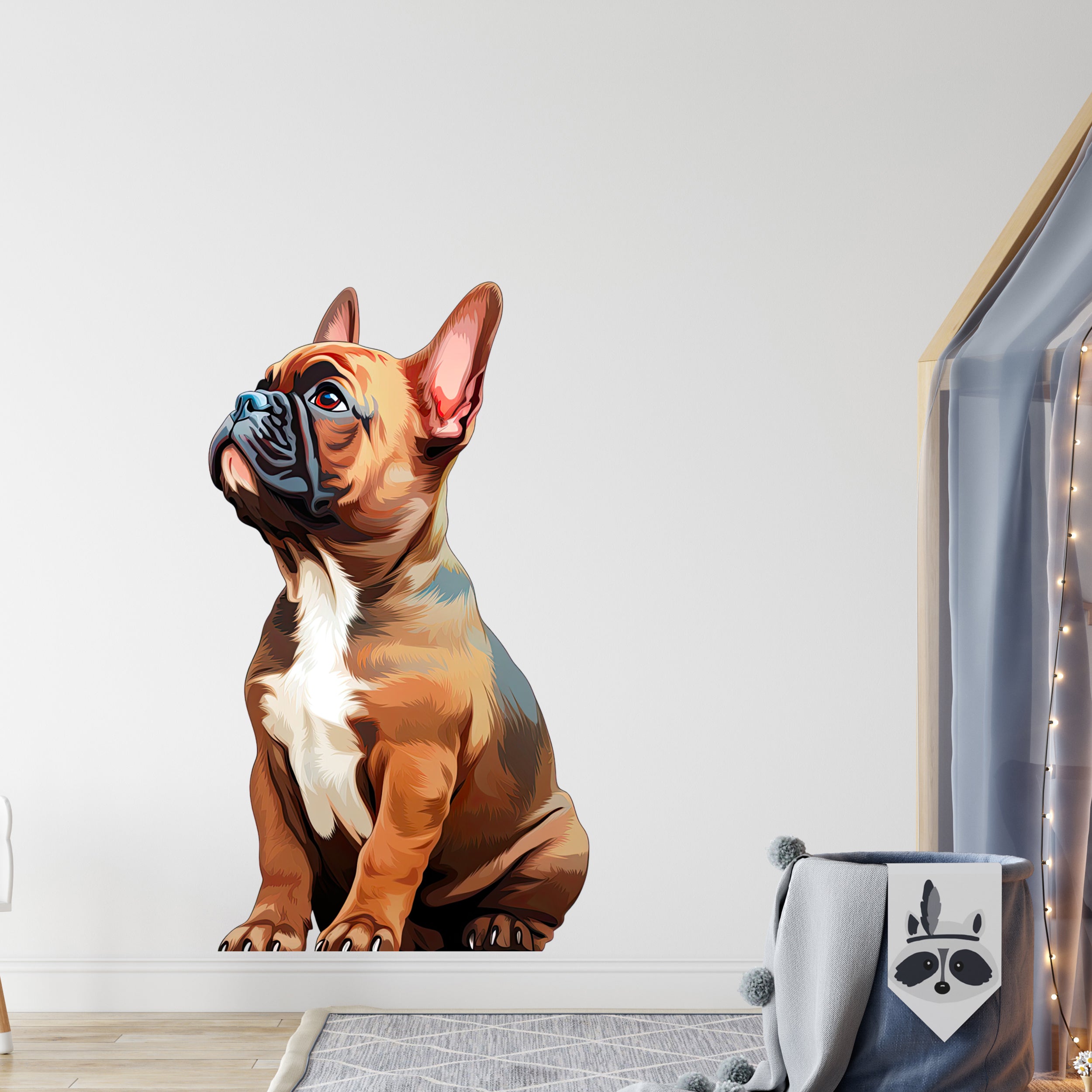 Brauner französischer Bulldogge, sitzend, mit großen Ohren.