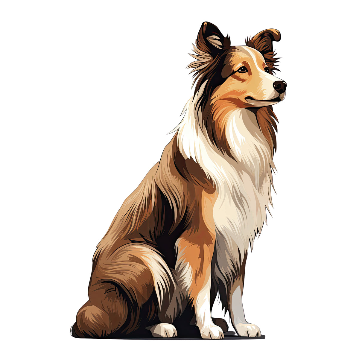 Shetland Sheepdog mit braun-weißer Fellfarbe, sitzend.
