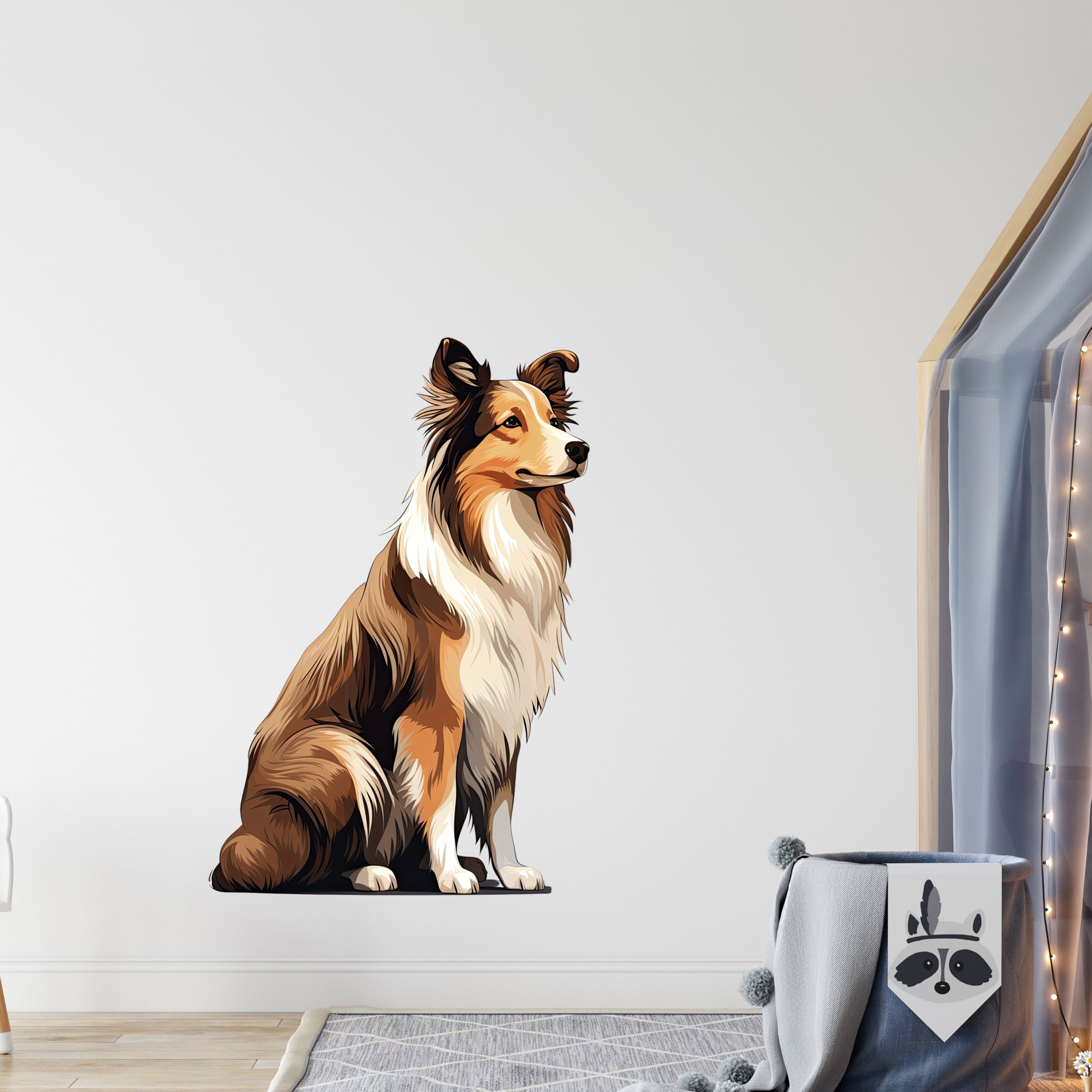 Shetland Sheepdog in Braun- und Weißtönen, sitzend.