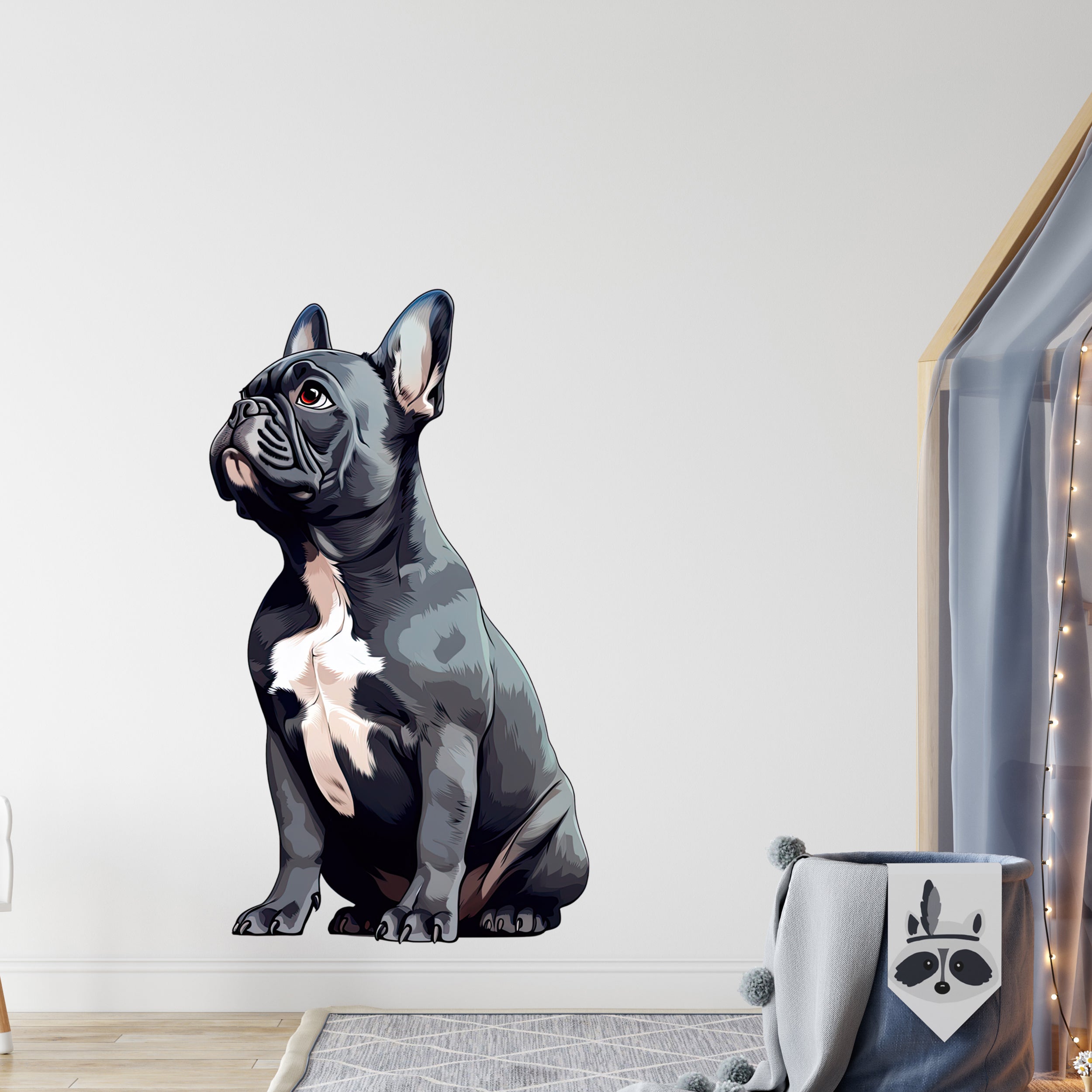 Grauer französischer Bulldoggen-Wandaufkleber, sitzend.