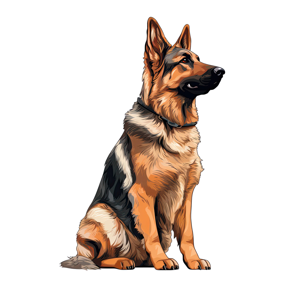 Schäferhund sitzend, schwarz-braunes Fell, aufmerksam.