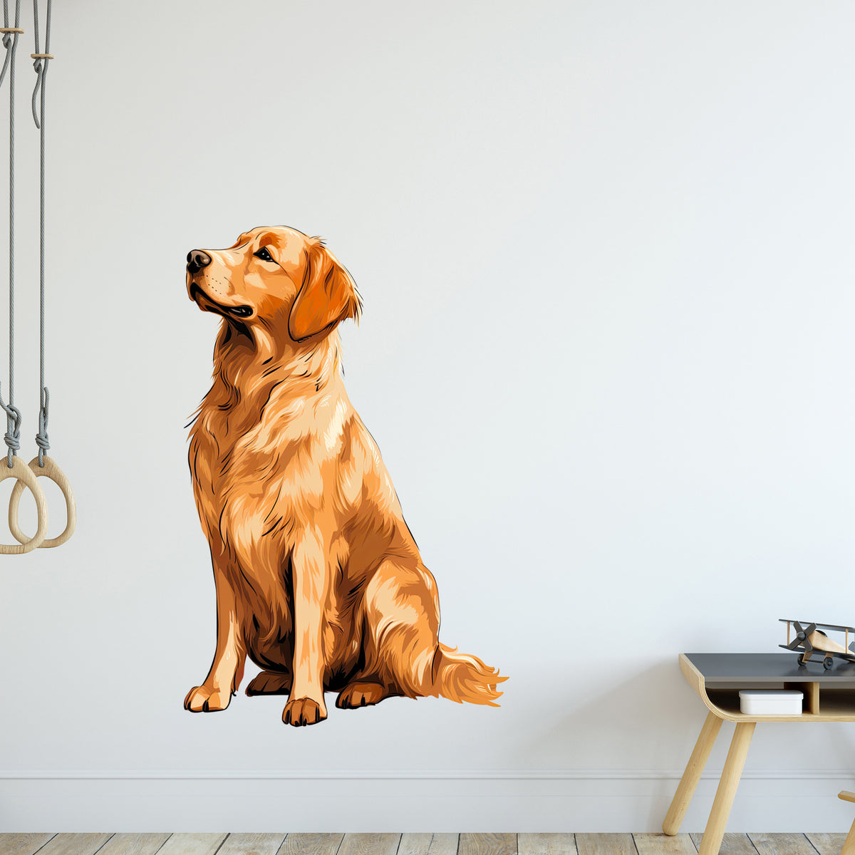 Sitzender goldenfarbener Hund, stilisierte Wanddekoration.