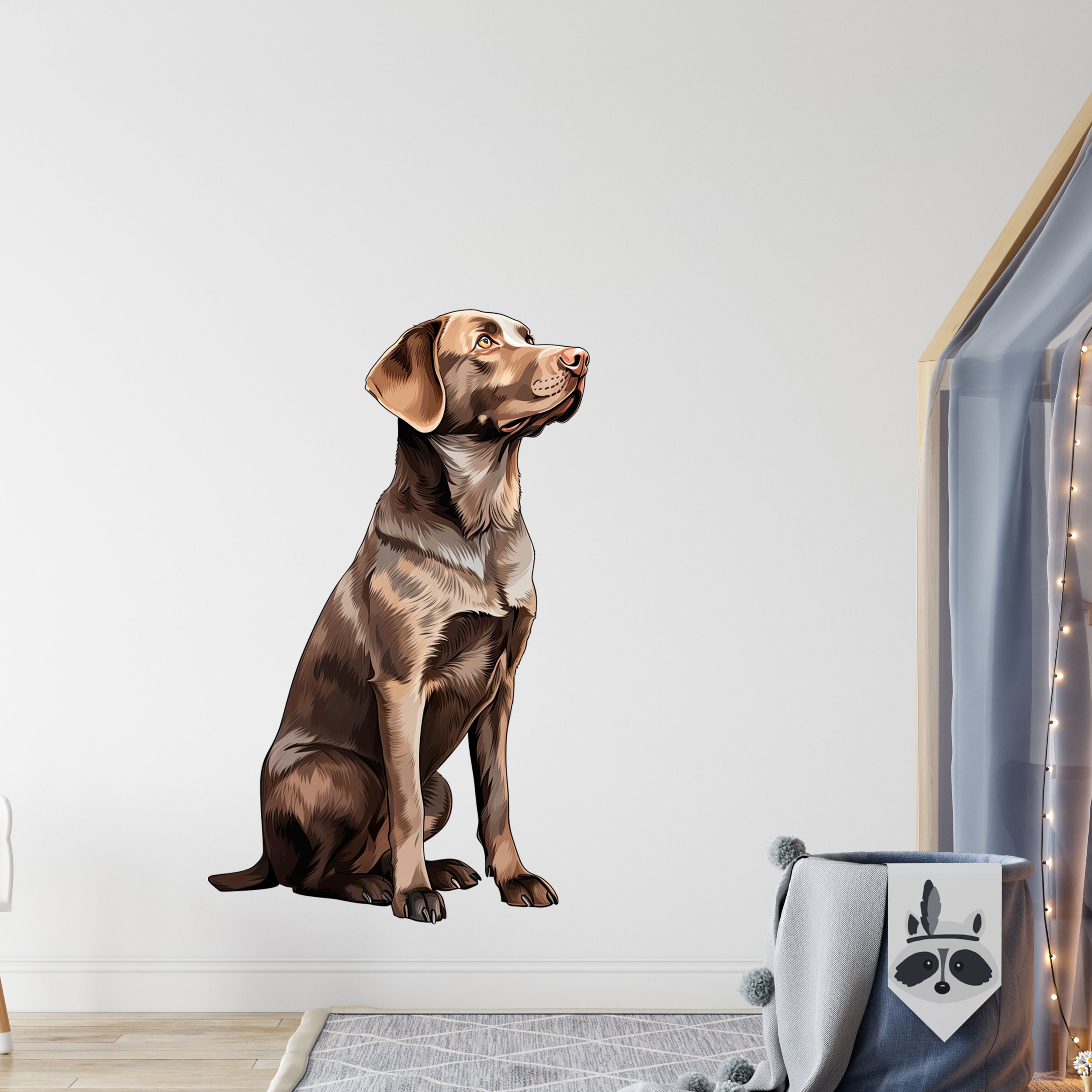Brauner Hund, sitzend, detailreiche Illustration an Wand.