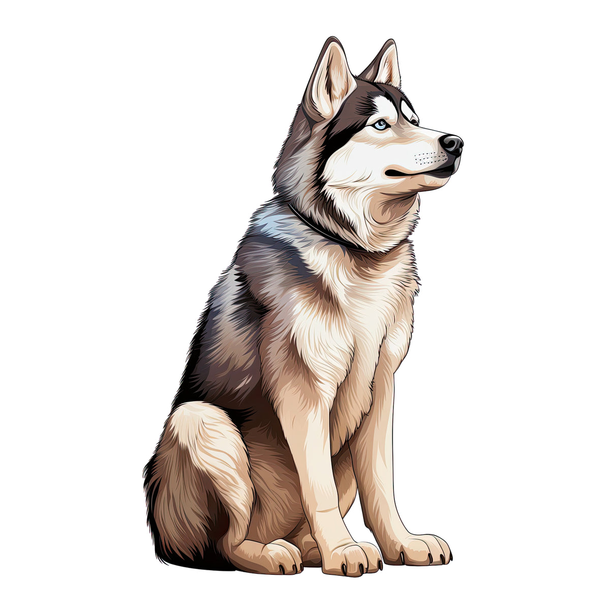 Sitzender Husky mit grauem und weißem Fell.
