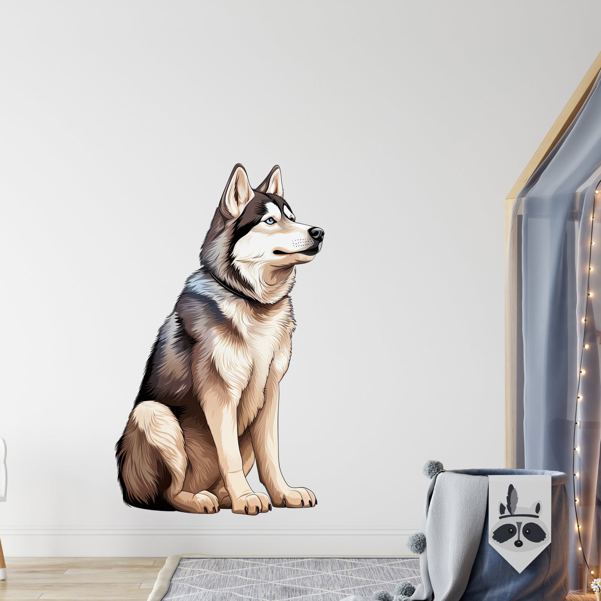 Sitzender Husky in Braun- und Grautönen, Wanddekoration.
