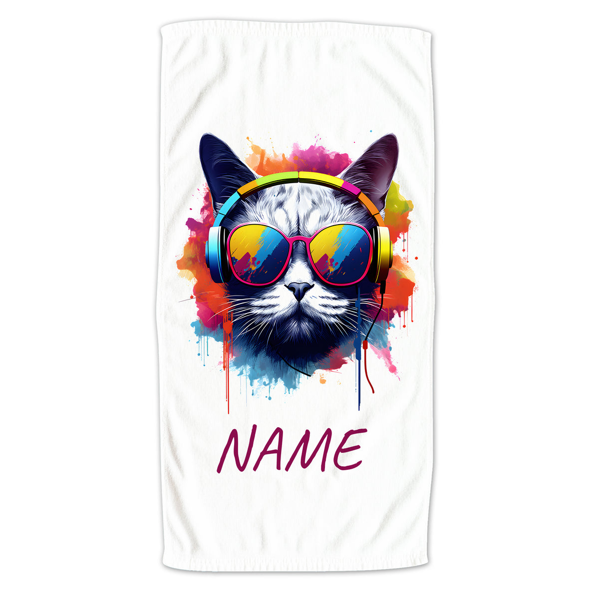 Buntes Handtuch mit katzenförmigem Design und Sonnenbrille.