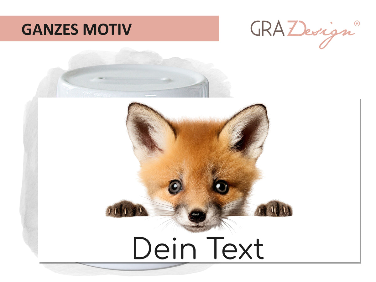 Fuchs mit großen Augen, orangefarbener Pelz, personalisierbarer Text.