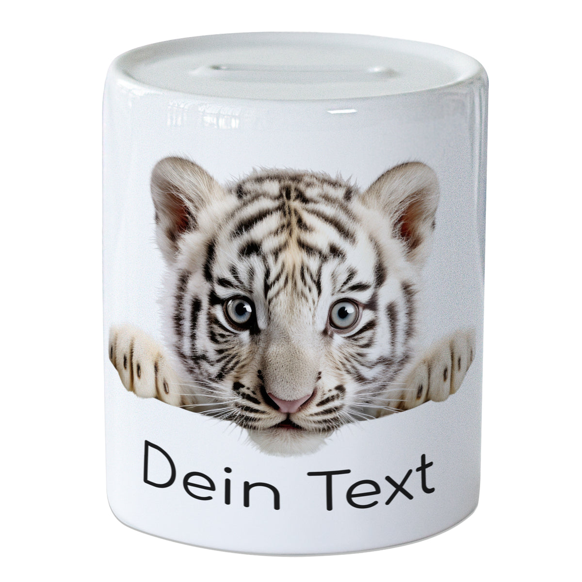 Weißer Tiger auf weißem Becher mit personalisiertem Text.