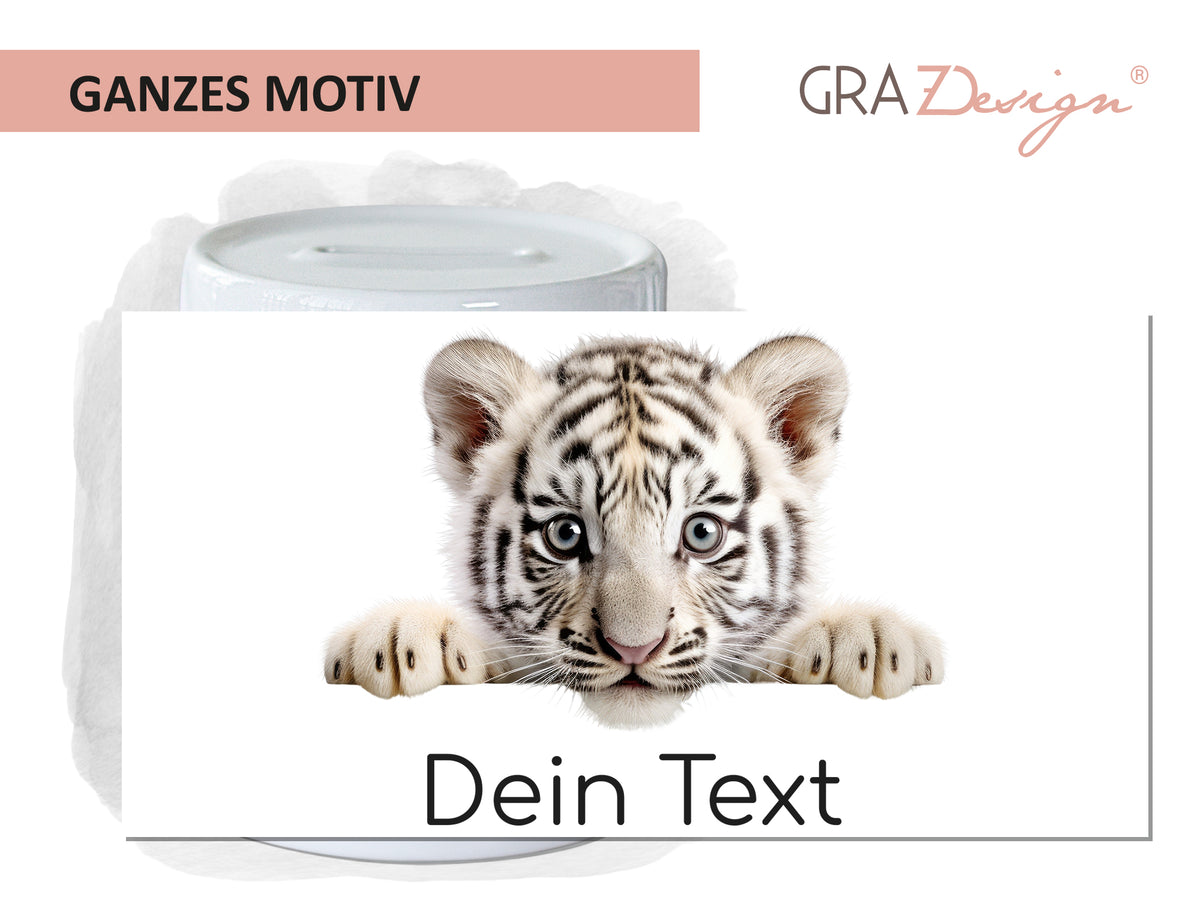 Weißes Tigerbaby mit neugierigem Blick und Textfeld.