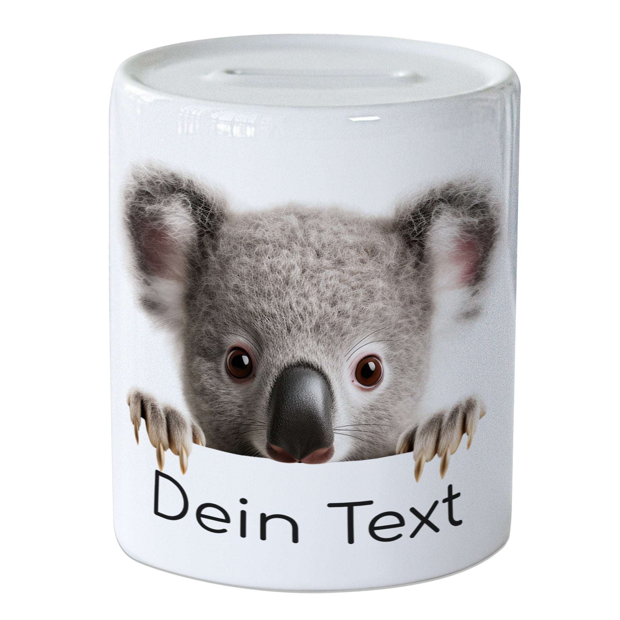 Koala-Motiv auf weißer Tasse mit Platz für Text.