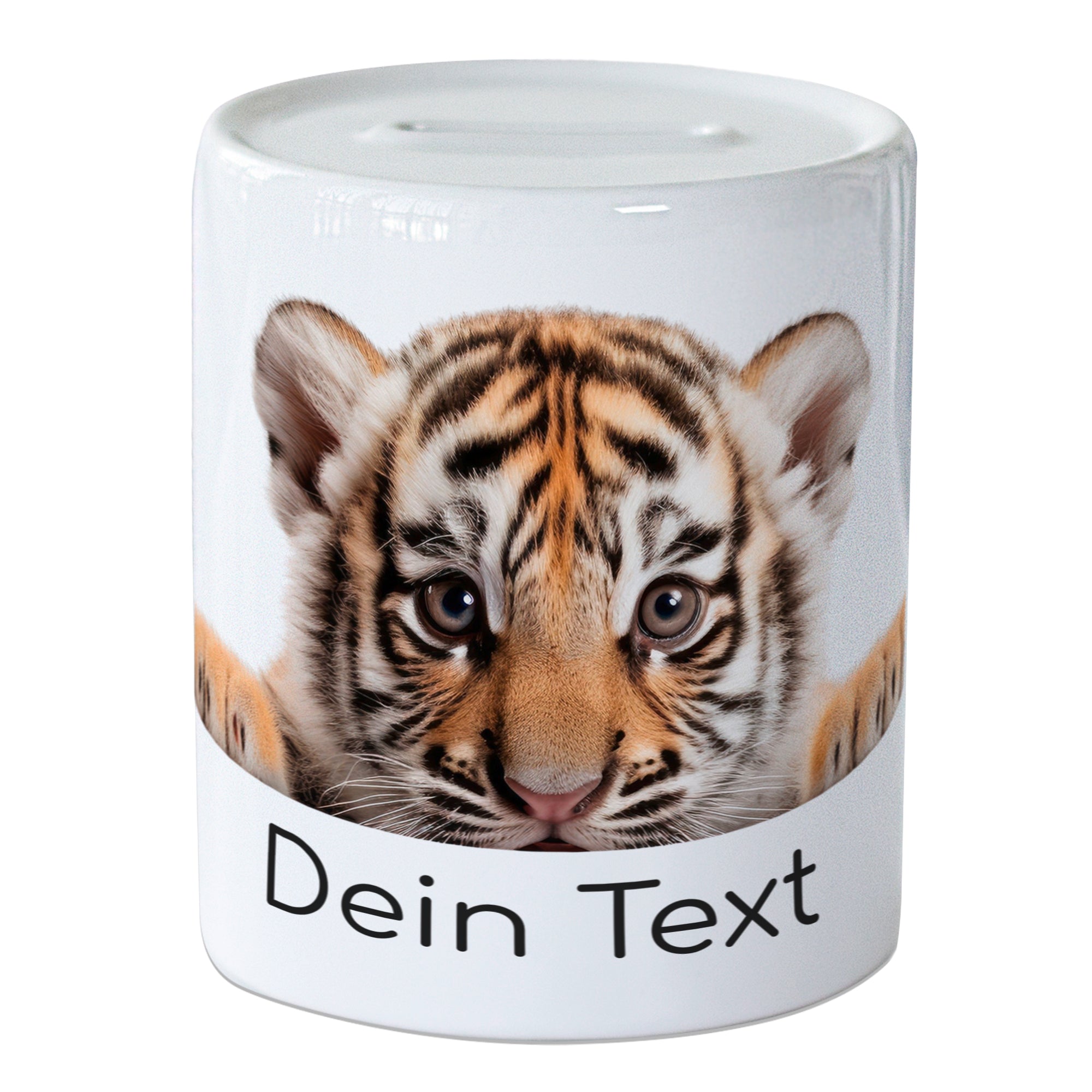 Tiger-Motiv auf weißem Keramikbecher mit personalisiertem Text.
