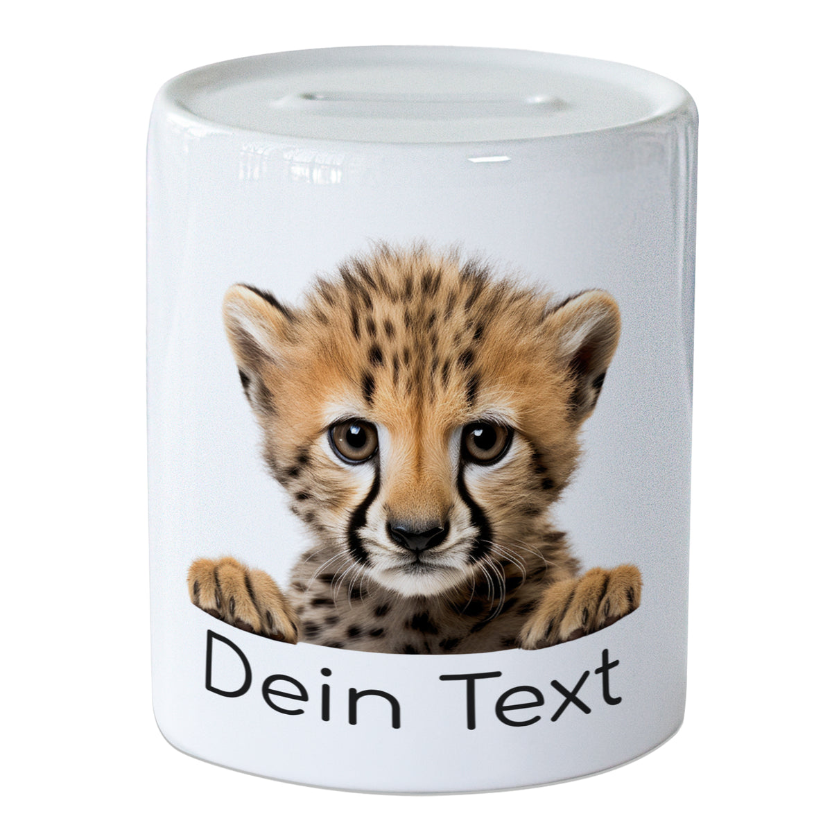 Weißer Keramikbehälter mit Gepardenjungtier und Text.