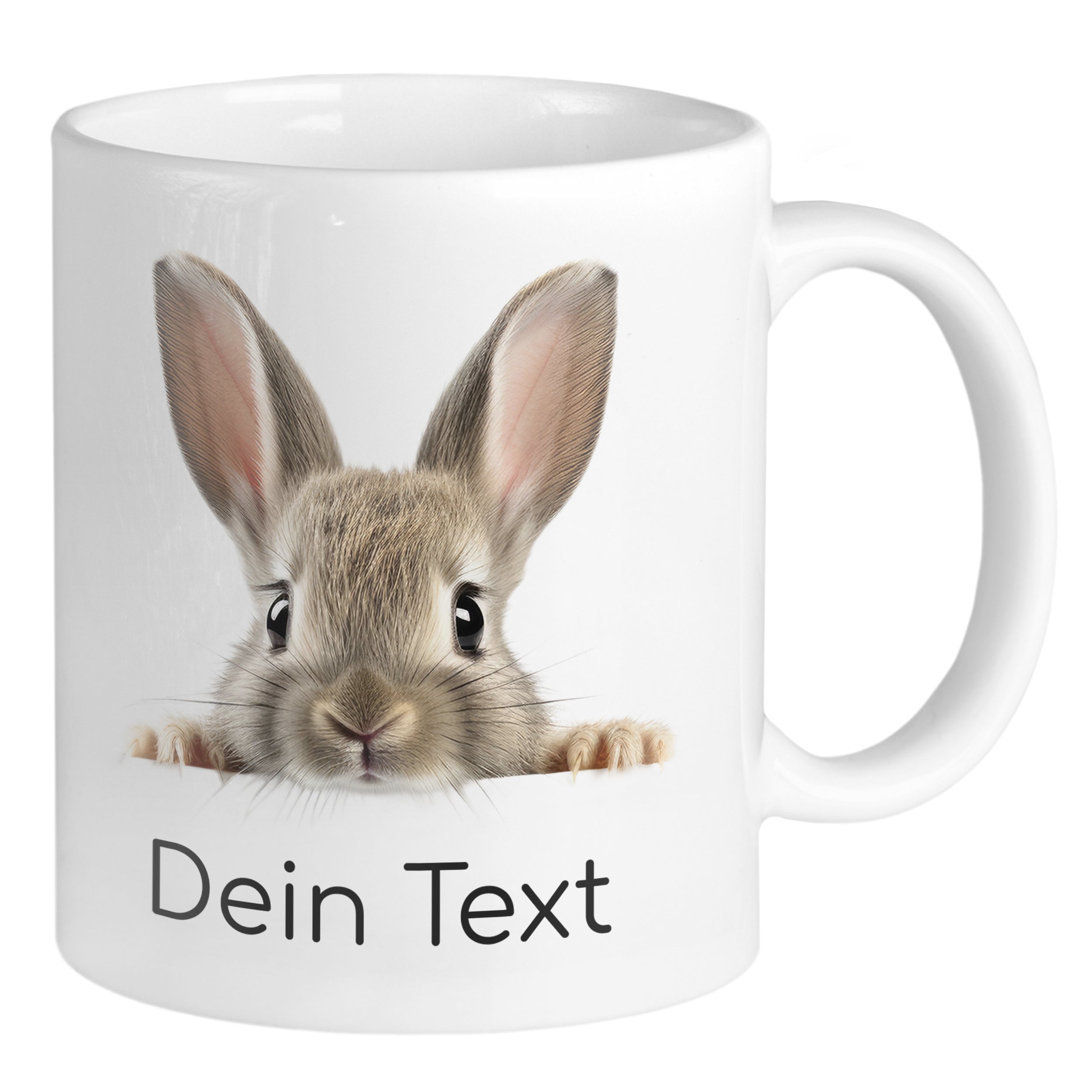Weiße Tasse mit niedlichem Kaninchenmotiv und Text.
