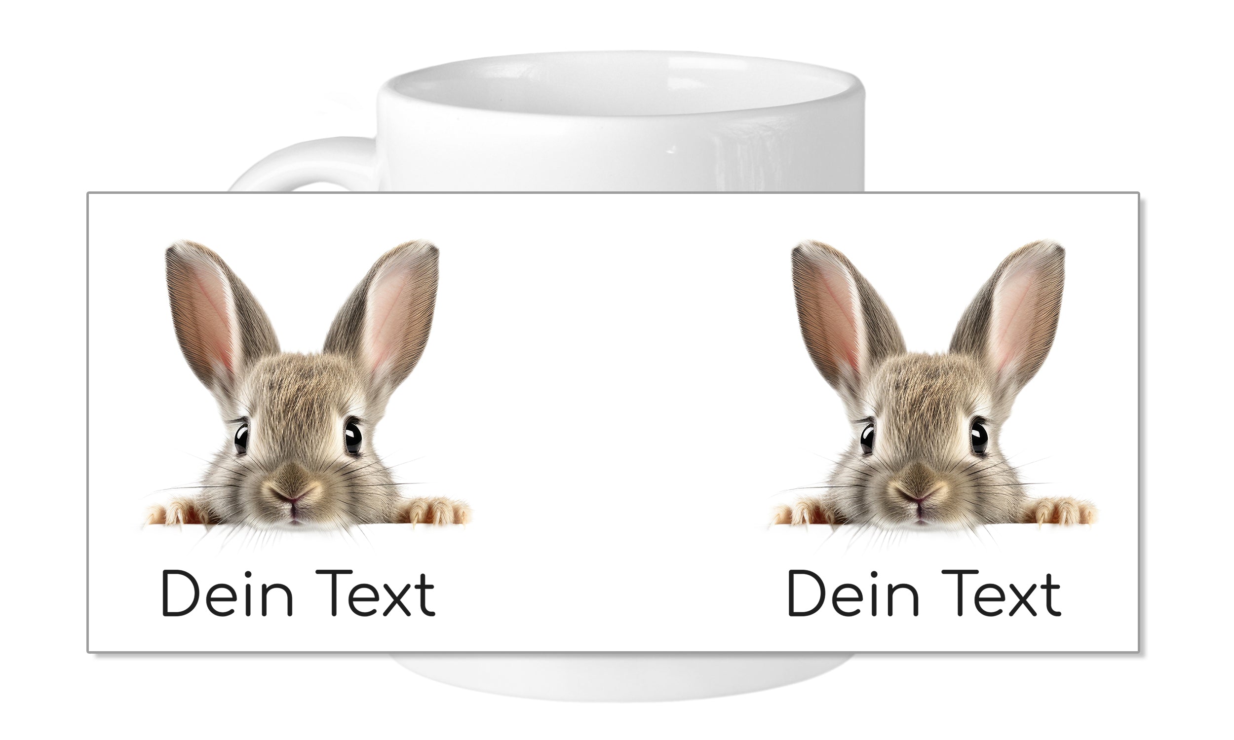 Weiße Tasse mit zwei niedlichen Hasenmotiven.