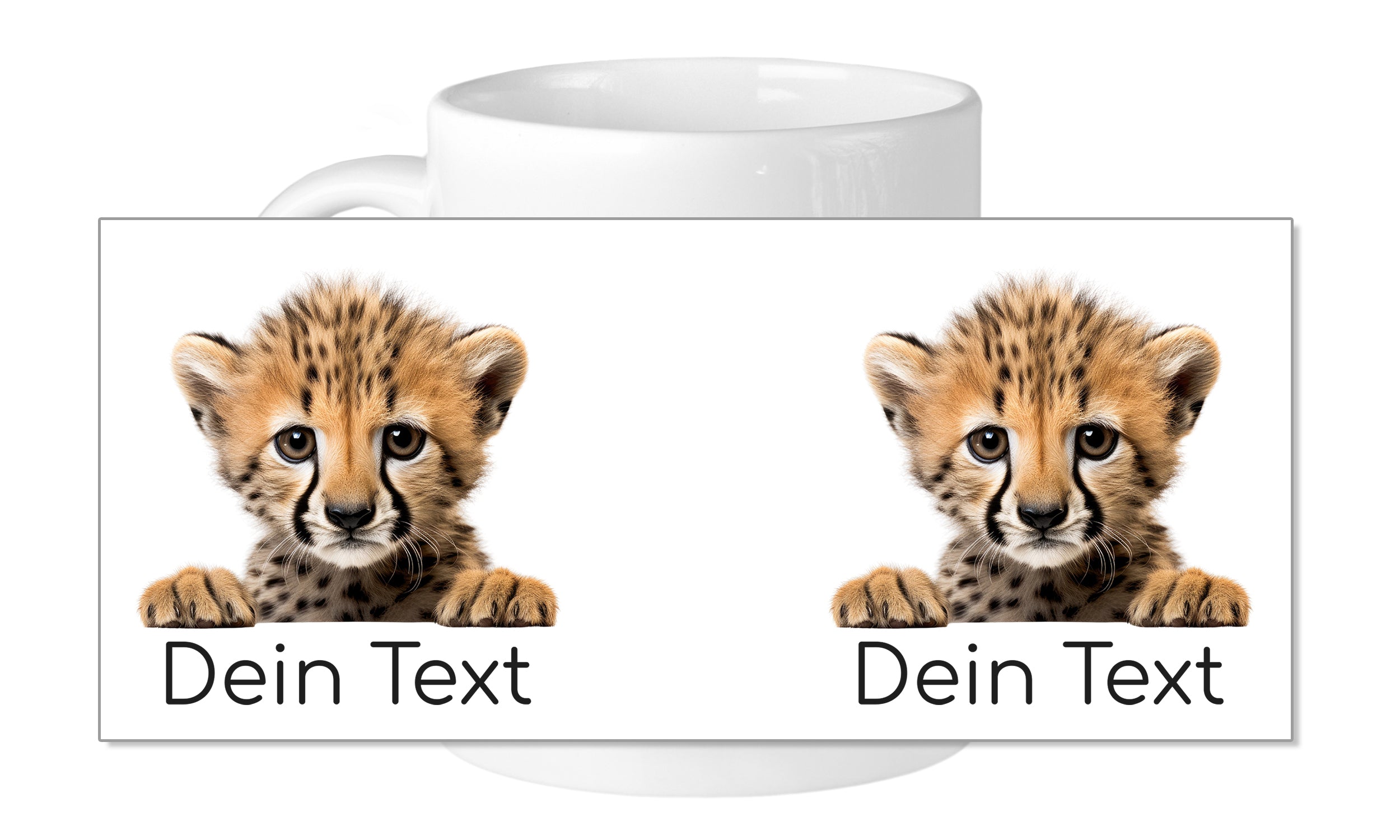 Tasse mit zwei Gepardenbabys und individuellem Text.
