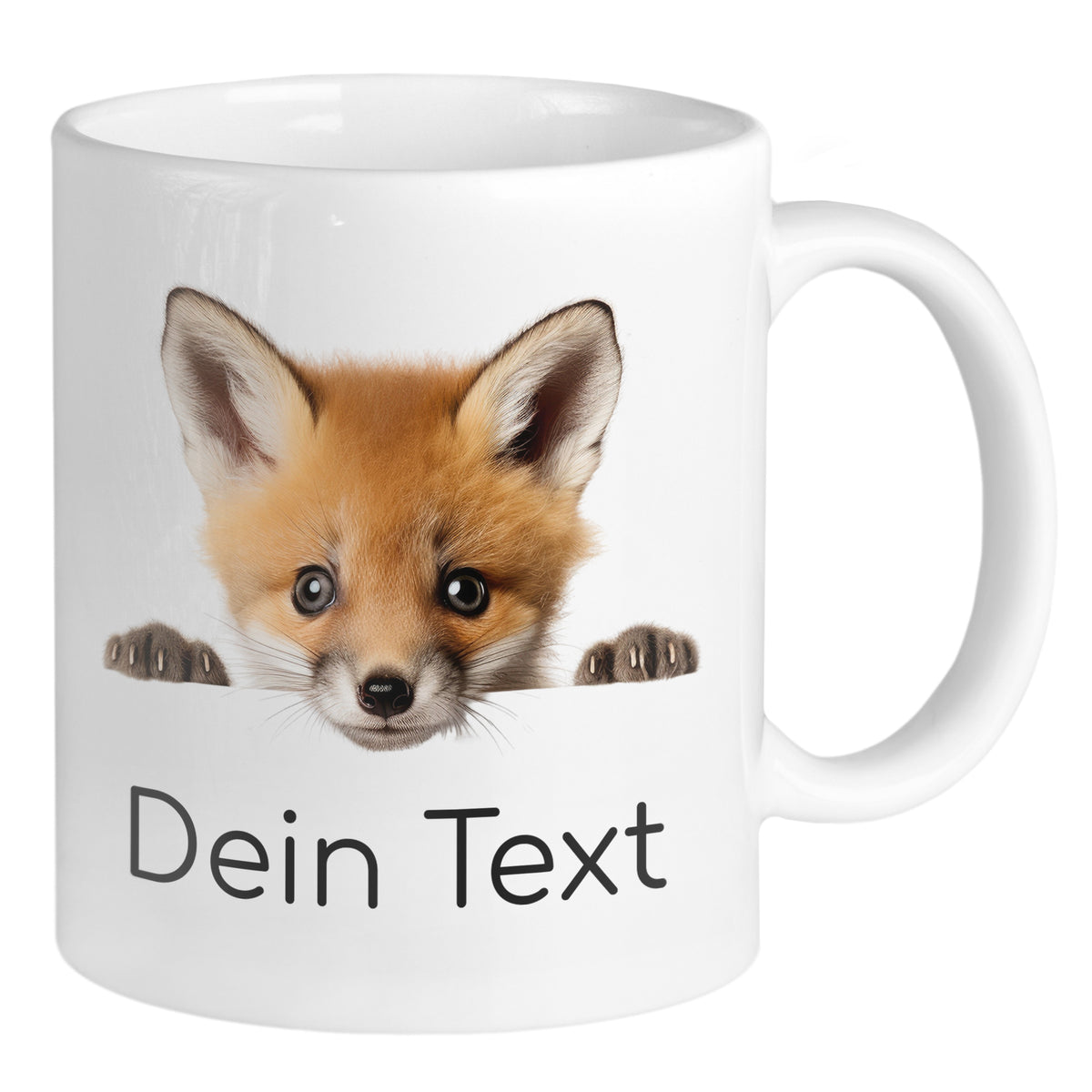 Tasse mit Fuchs-Motiv und personalisierbarem Text.