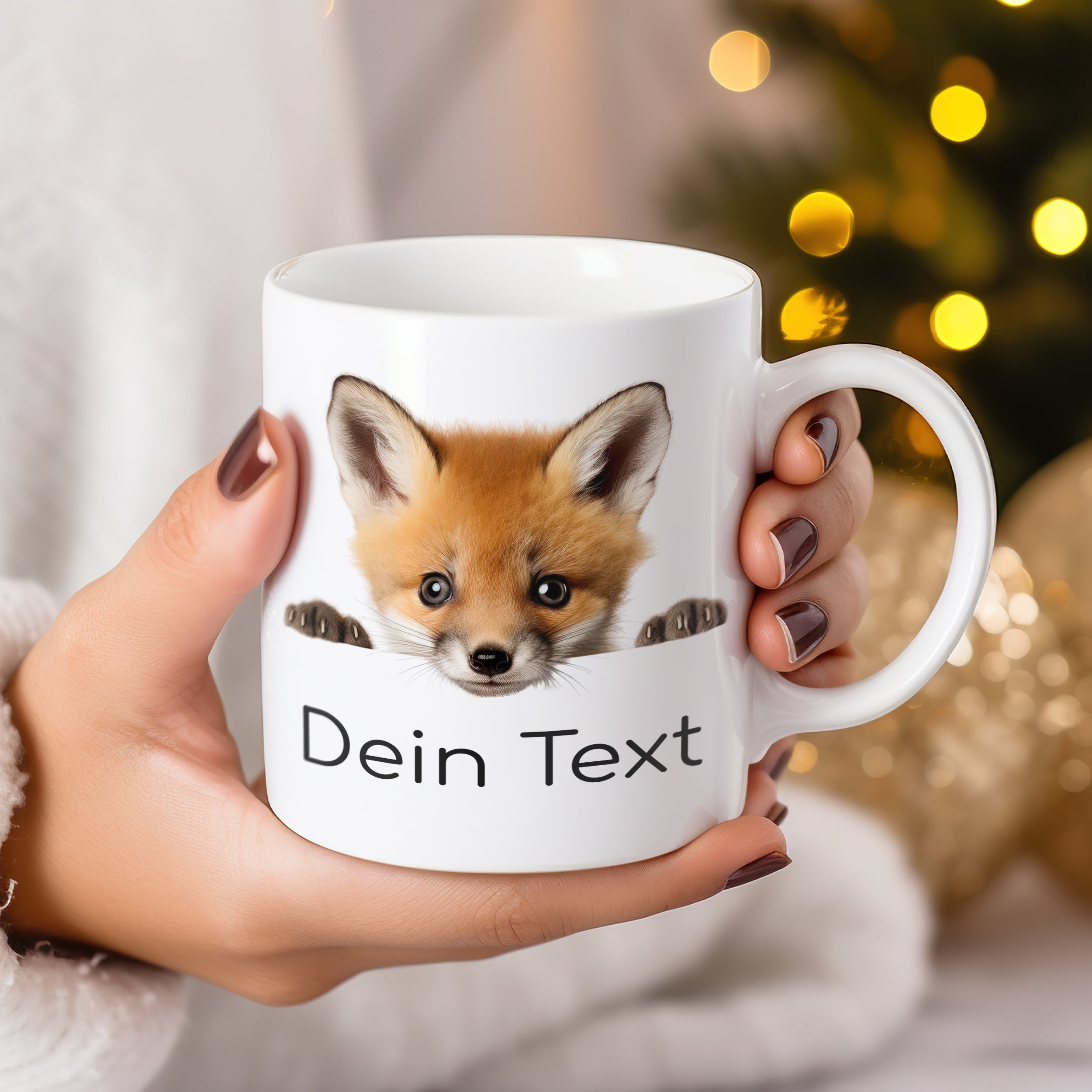 Kaffeetasse mit Fuchs-Motiv und personalisierbarem Text.