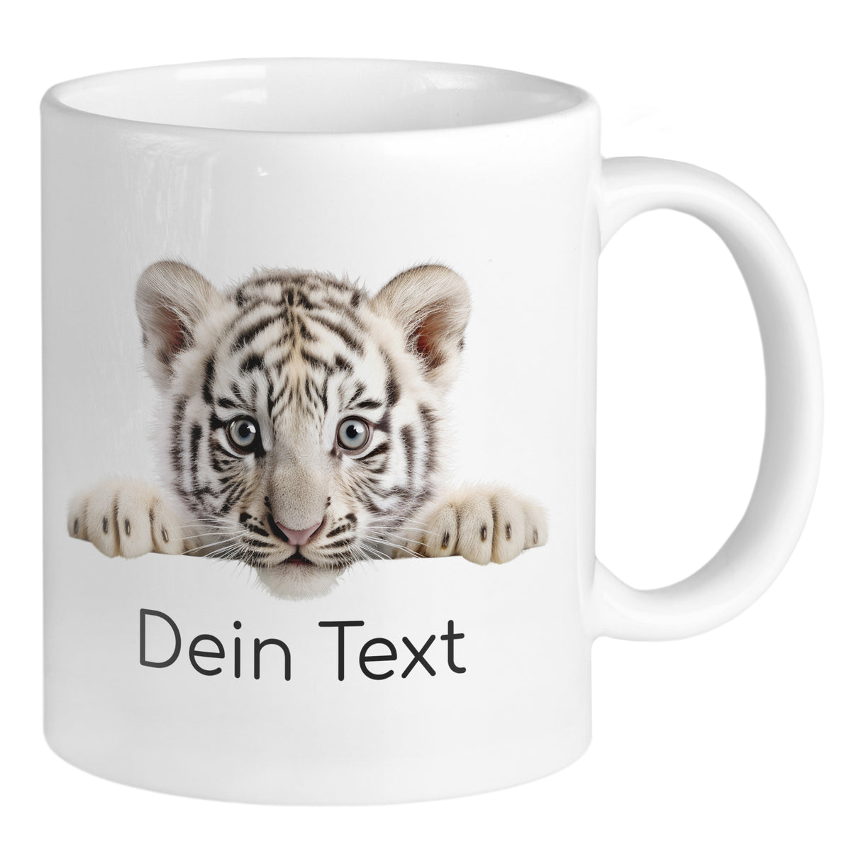 Weißer Becher mit Tigerbaby-Motiv und personalisierbarem Text.