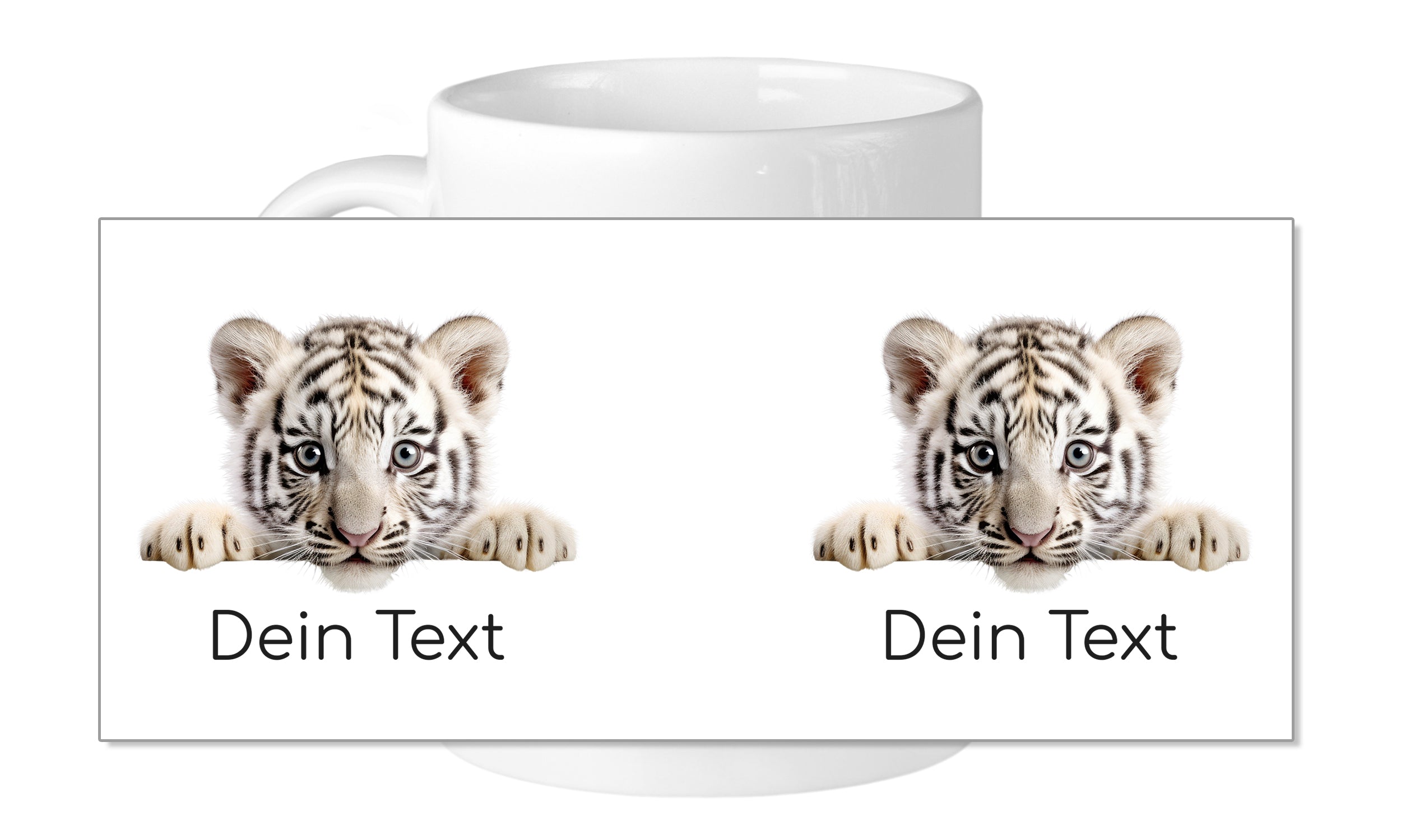 Weißer Tigerkopf auf Tasse mit Platz für Text.