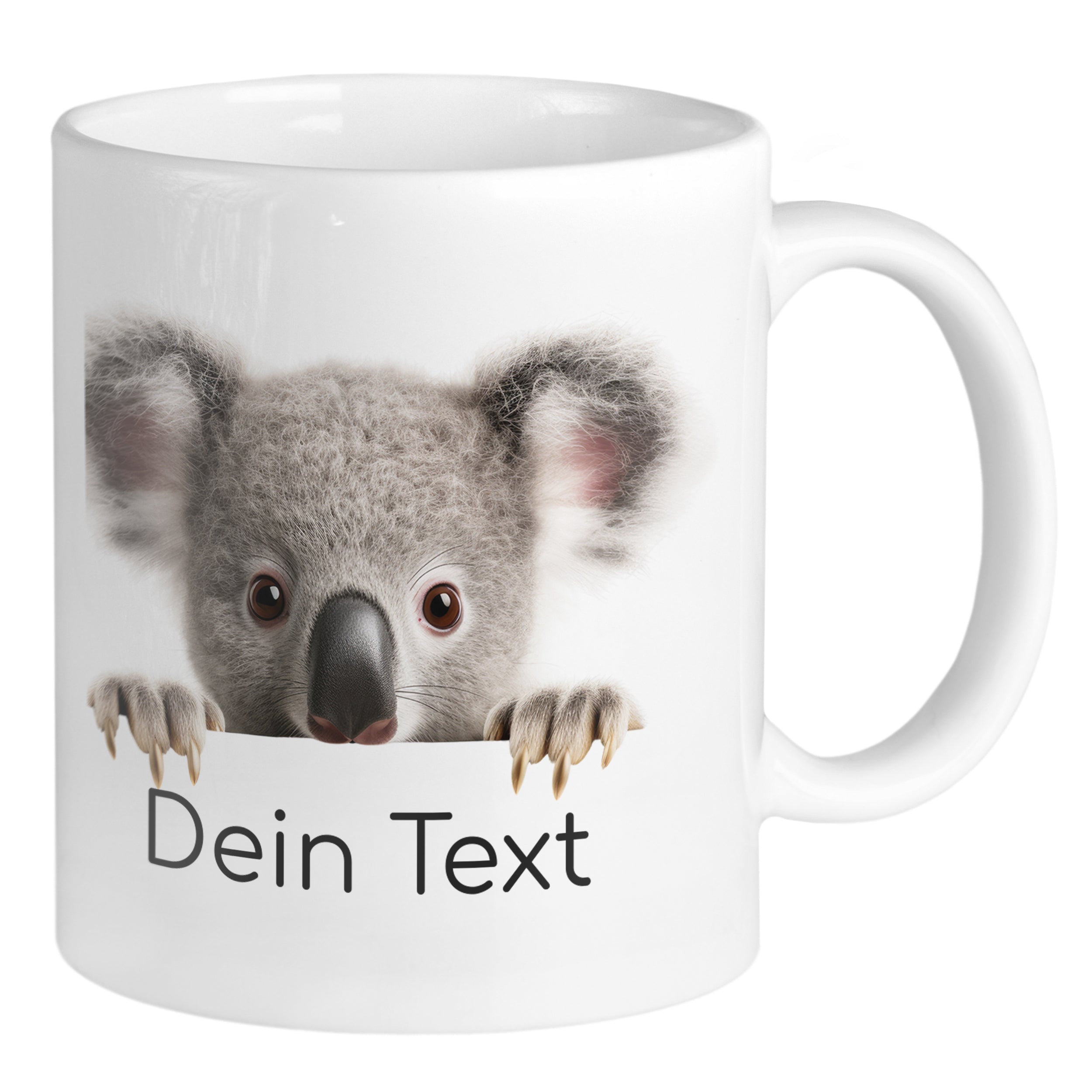 Weiße Tasse mit Koala und personalisiertem Text.