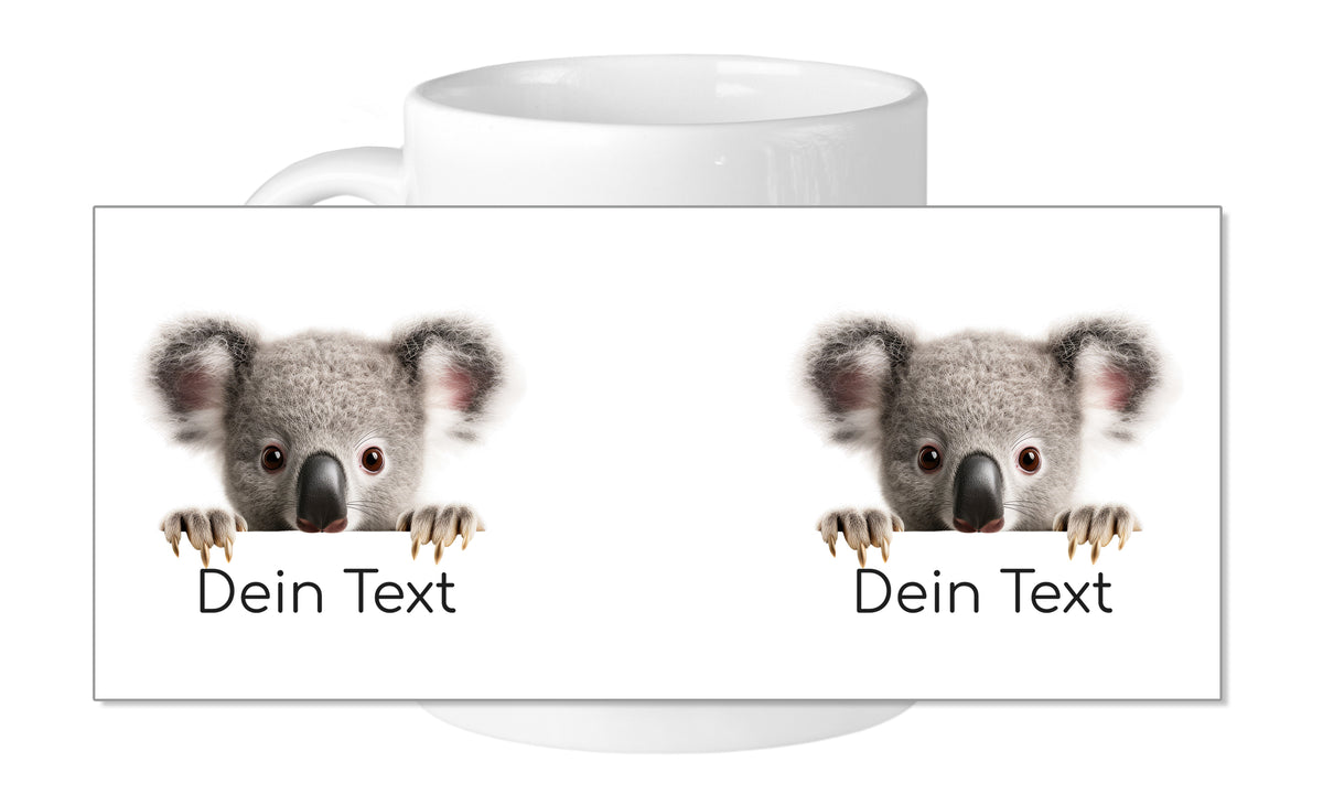 Tasse mit Koala-Motiv und Text in Schwarz.
