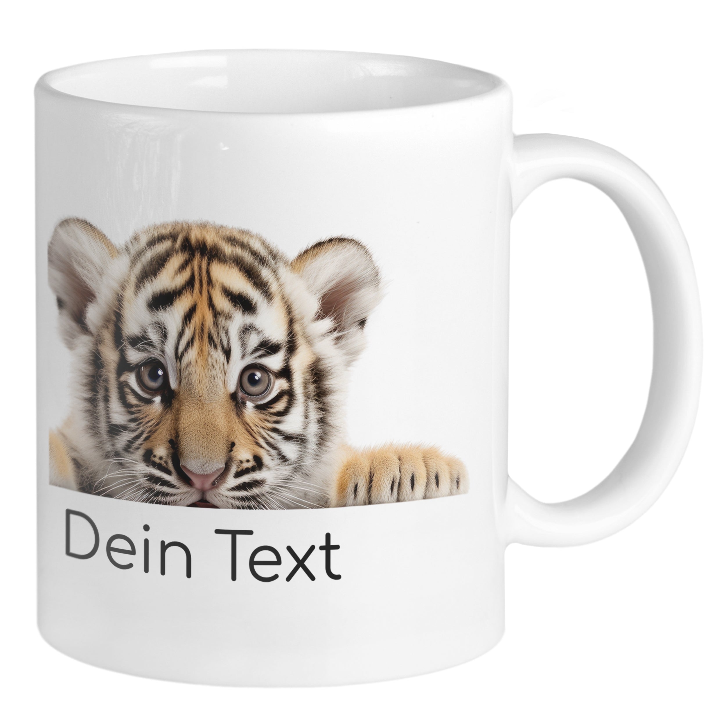 Weißer Becher mit Tigerkopf und personalisierbarem Text.