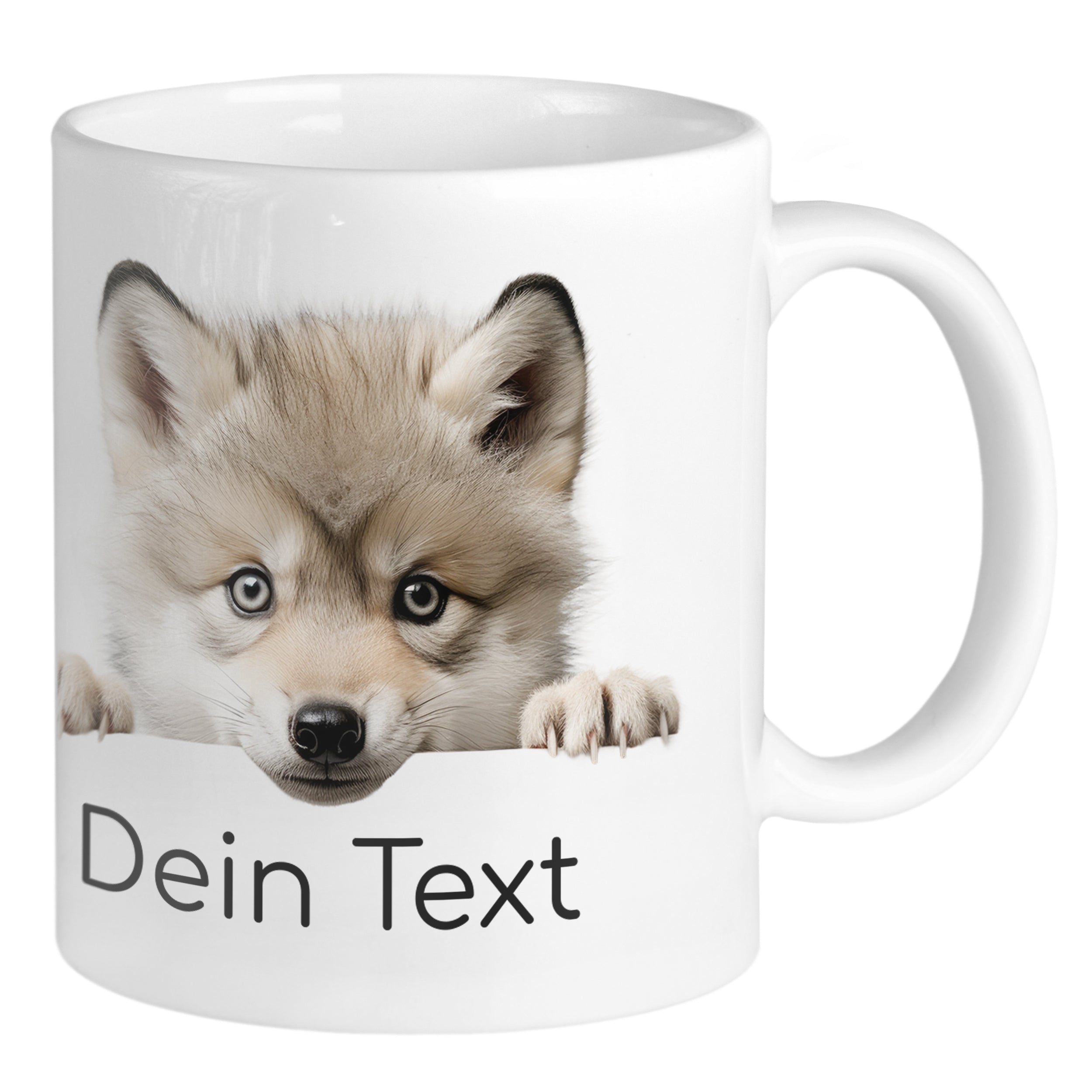 Tasse mit Fuchsdesign und personalisierbarem Text.
