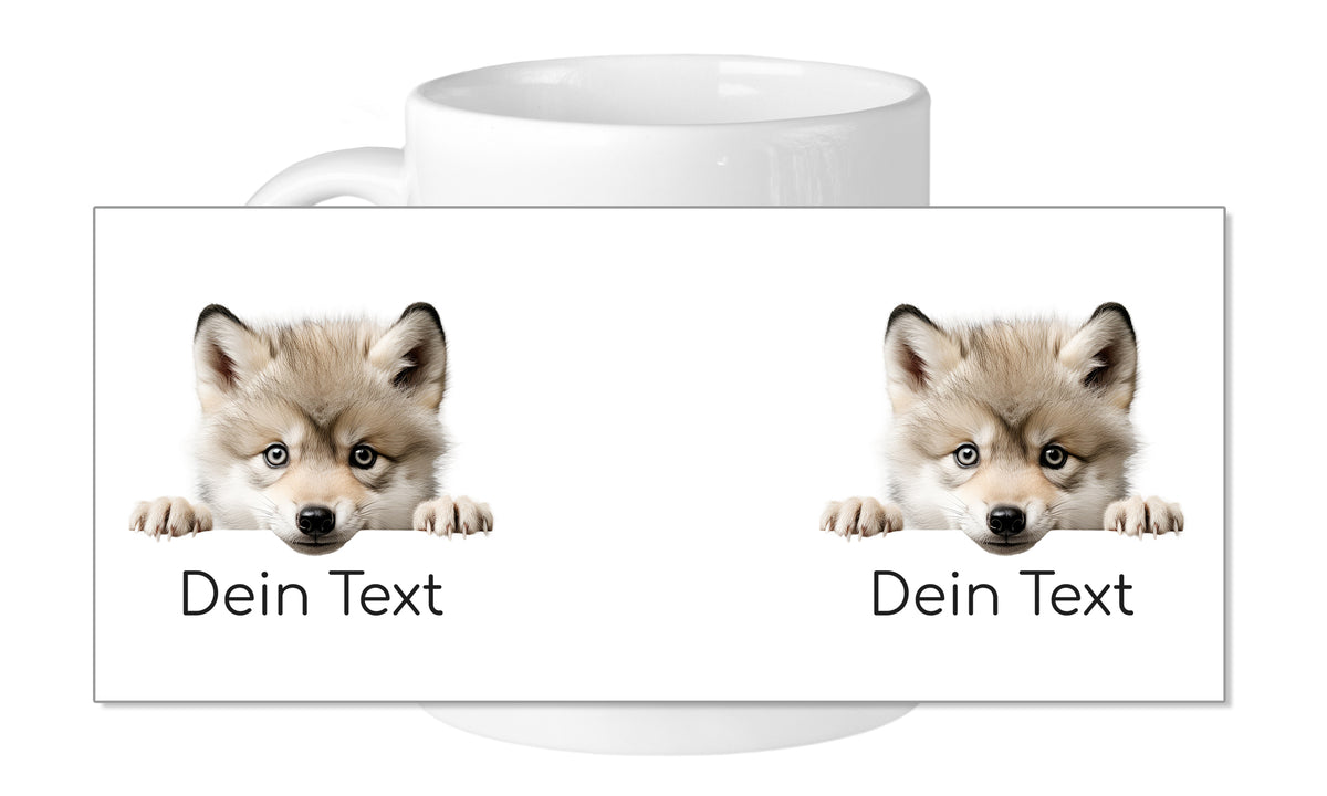 Tasse mit zwei süßen Wolfshund-Gesichtern und Text.