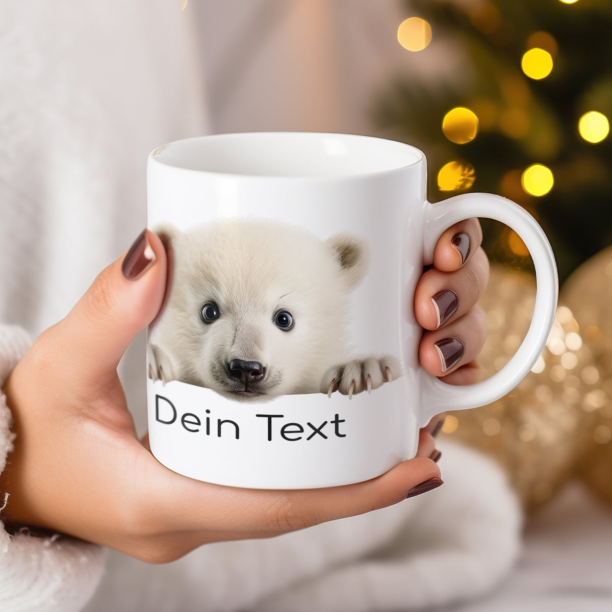 Tasse mit Eisbärenmotiv und personalisierbarem Text.