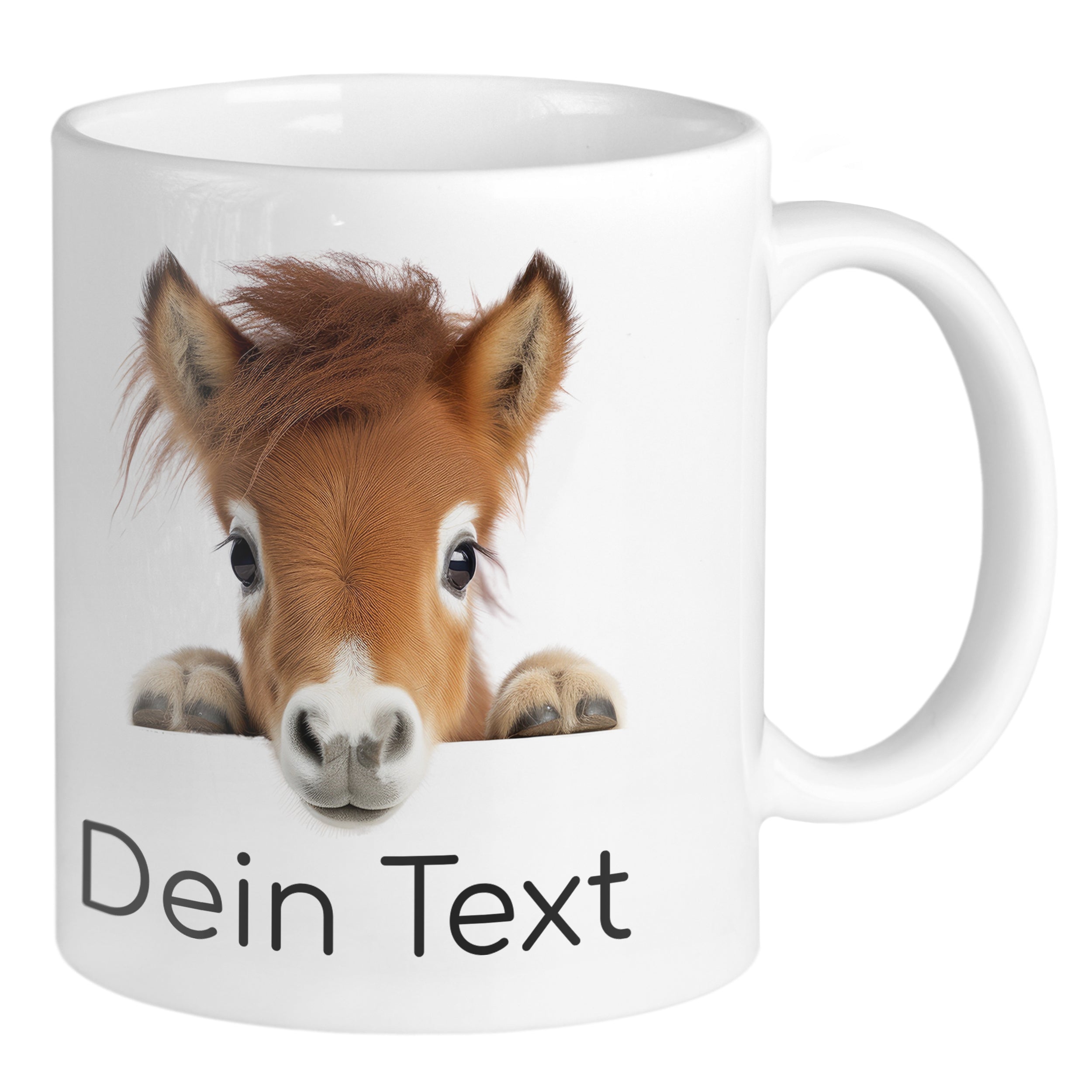Kaffeetasse mit Fohlenmotiv und personalisierbarem Text.