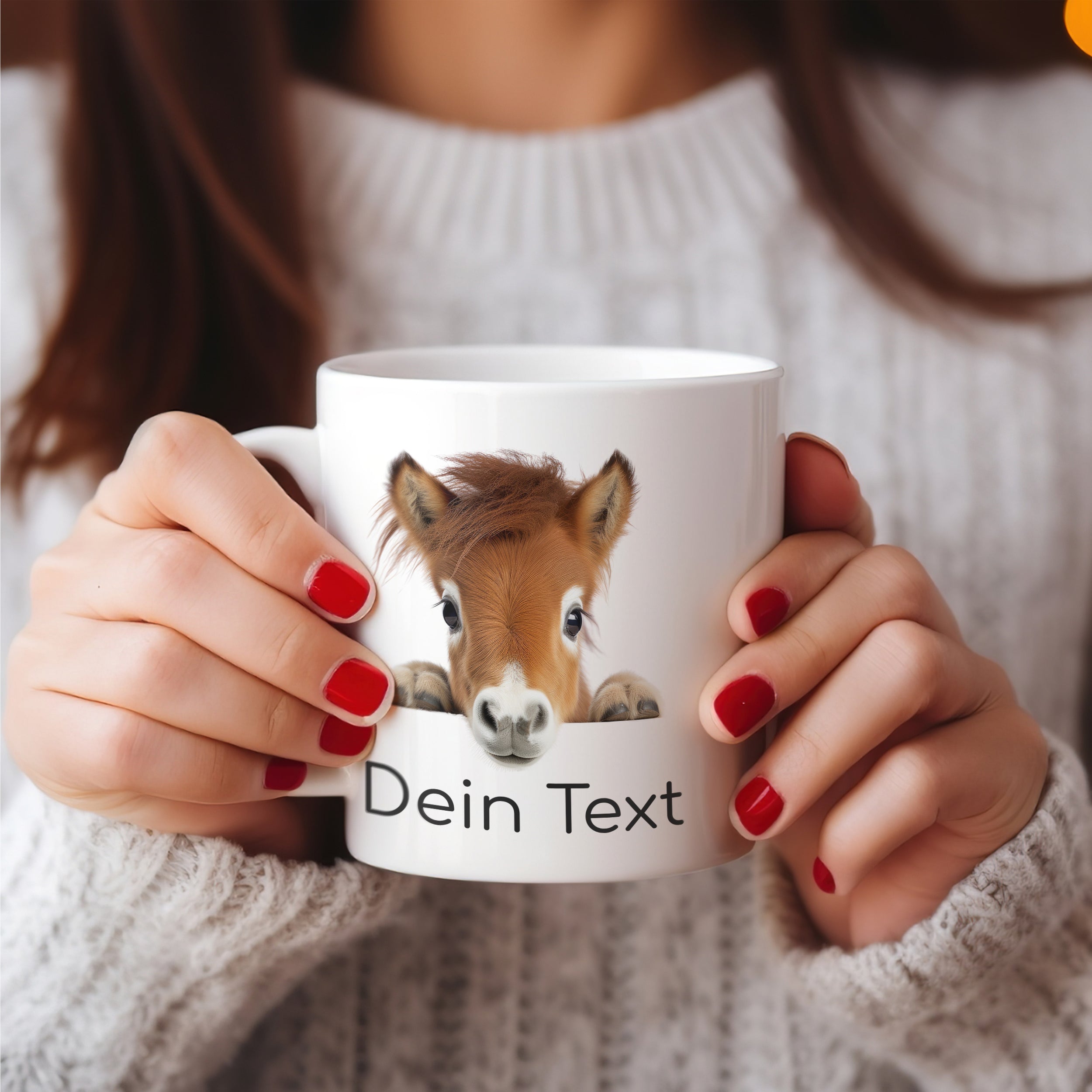 Weißer Kaffeebecher mit Pferdemotiv und personalisierbarem Text.