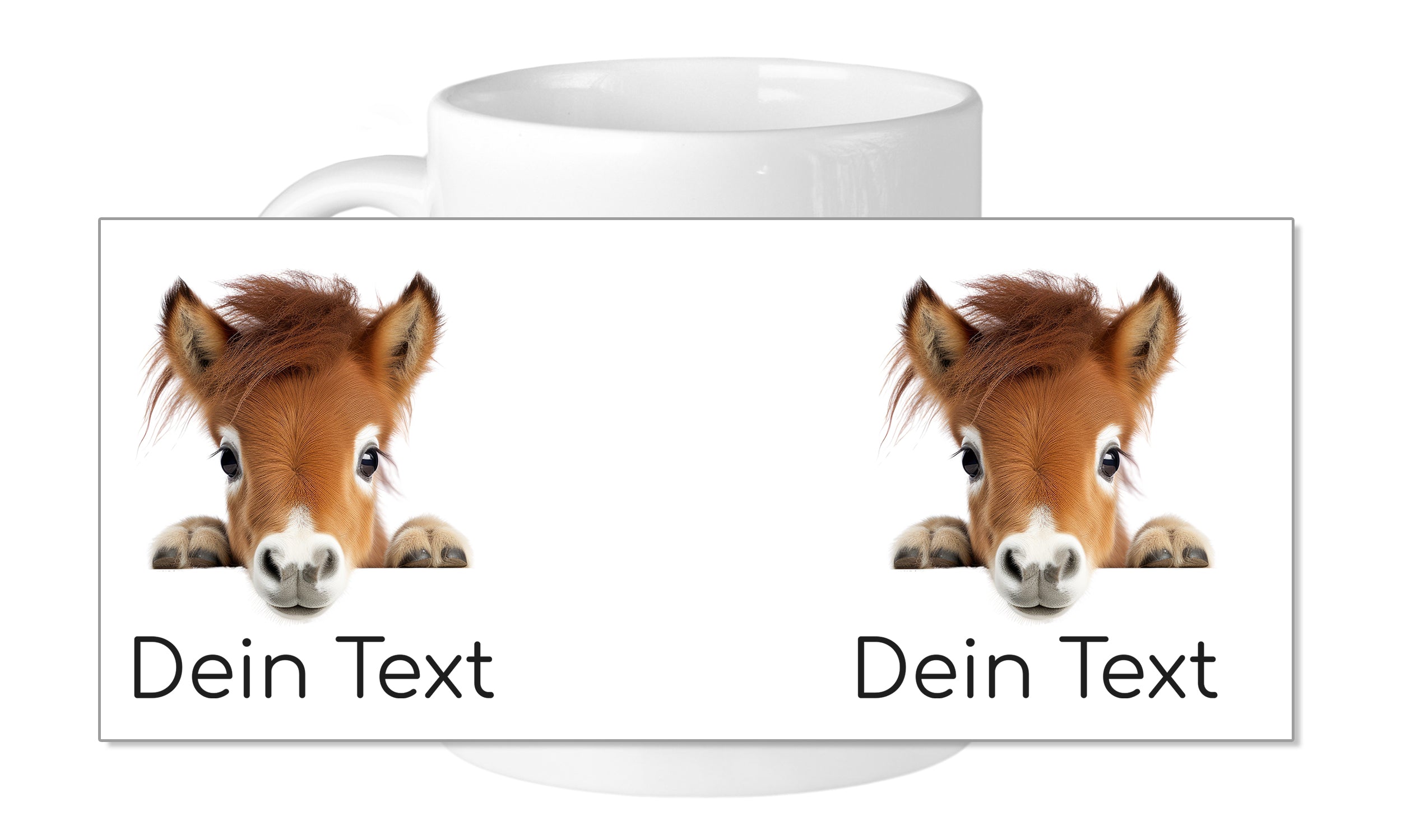 Tasse mit zwei Fohlenköpfen und individuellem Text.