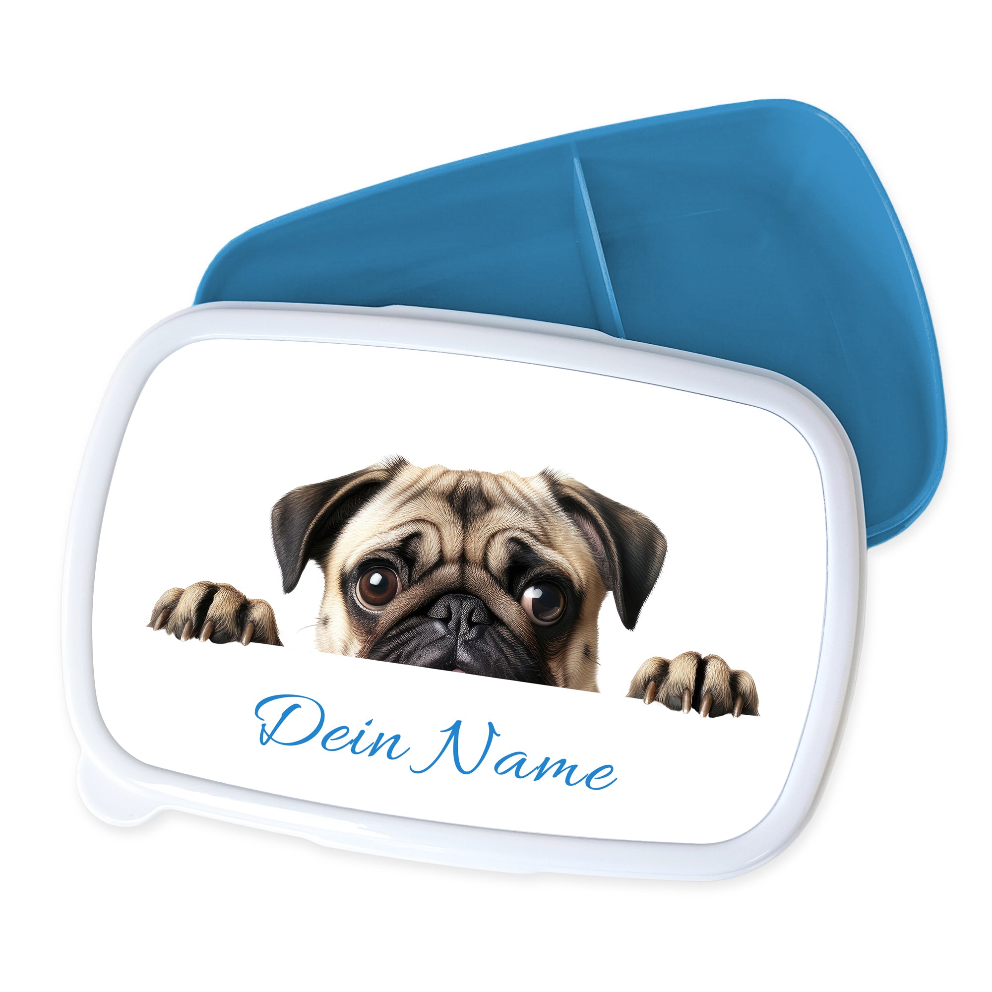 Pausenbrotbox mit Mops-Motiv und personalisierbarem Namen.