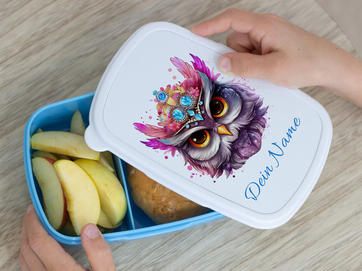Bunte Brotdose mit Eule und personalisiertem Namen.