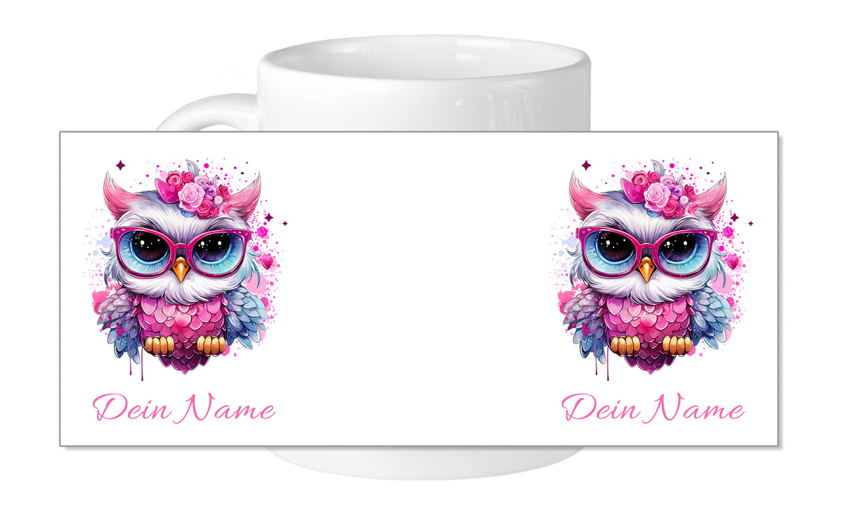 Bunte Eule mit Brille und Blumen, personalisiert mit Namen.