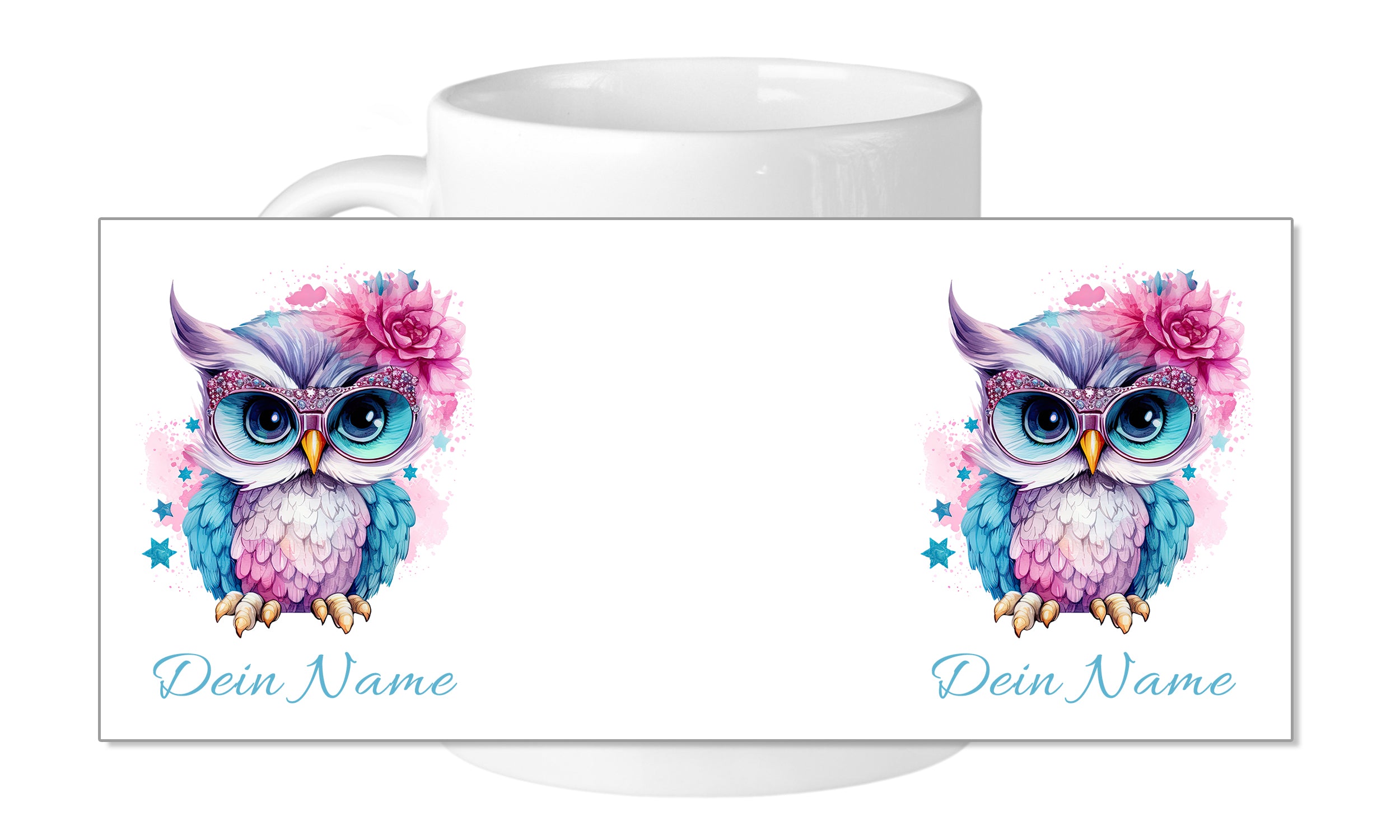Bunte Eule mit Brille und Blumen auf Tasse.