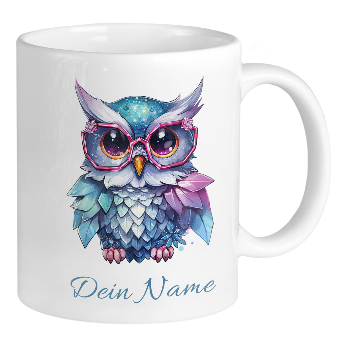 Bunte Eule mit Brille auf weißer Tasse, personalisierbar.