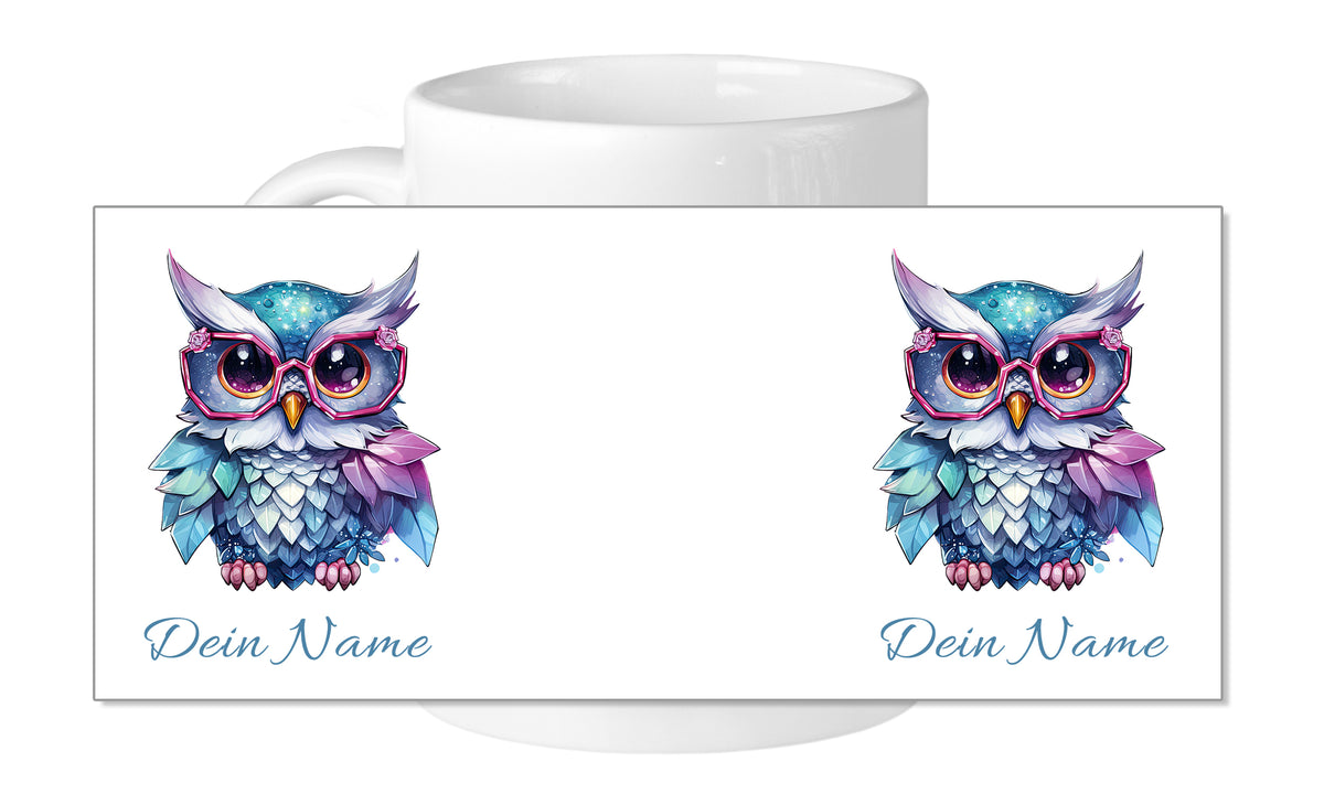 Bunte Eule mit Brille, personalisierbar, auf Tasse.