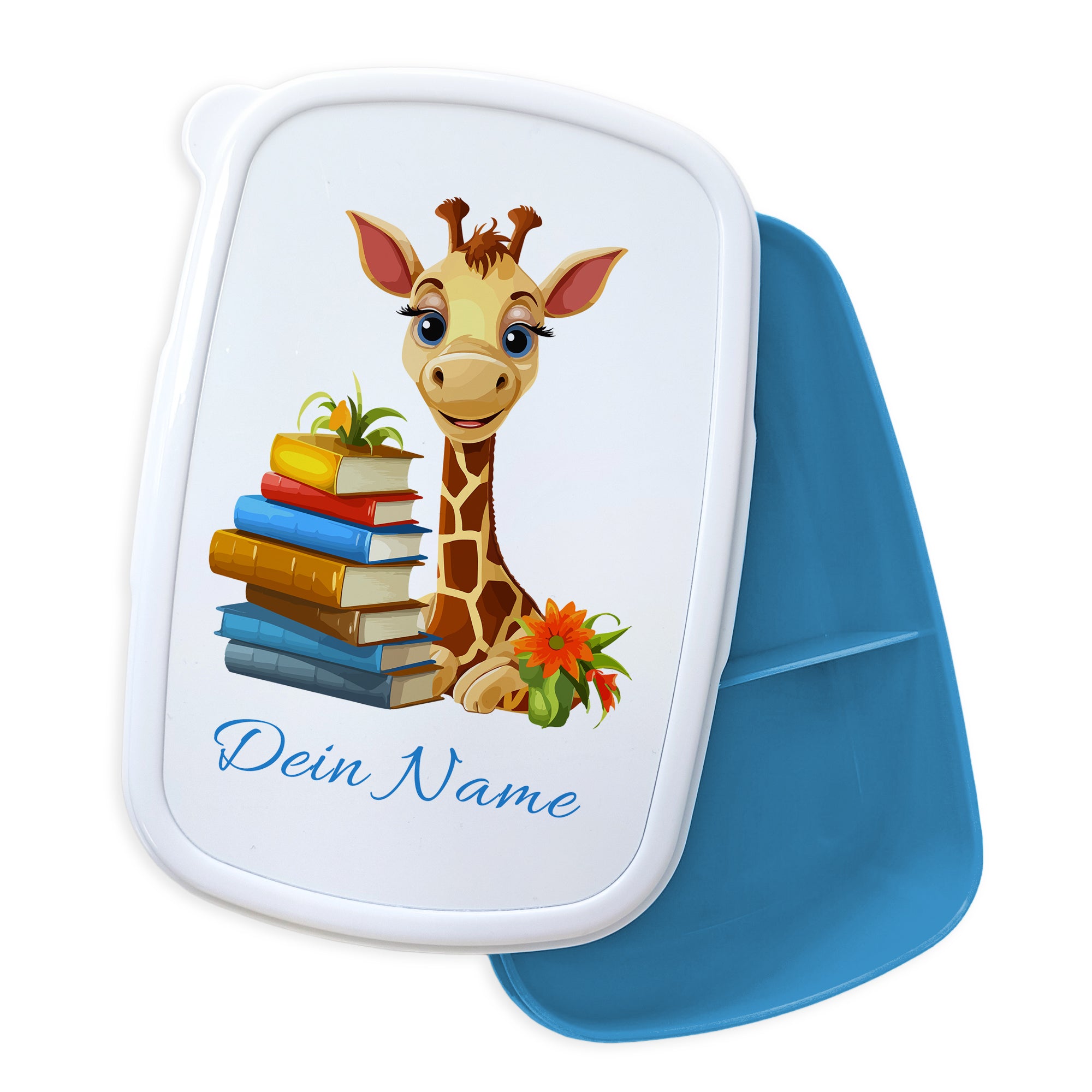 Giraffen-Motiv auf weißem Lunchbox-Deckel mit blauem Innenraum.
