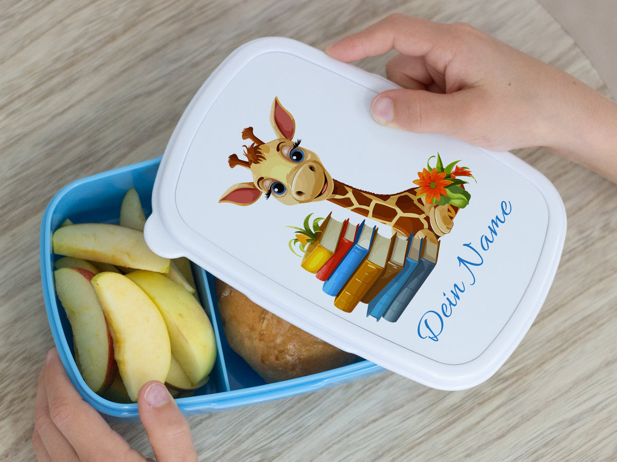 Bunte Brotdose mit Giraffe und personalisiertem Namen.