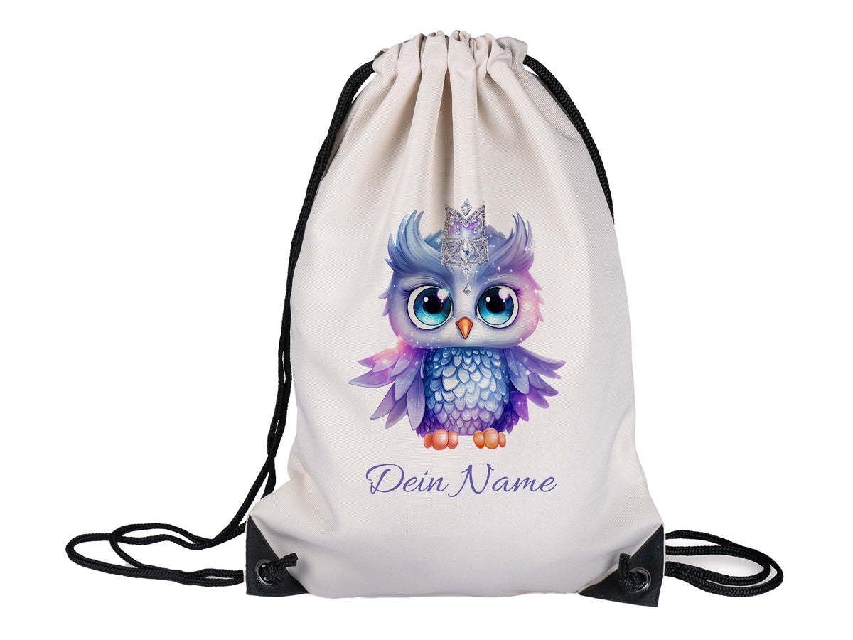 Lila Eulen-Rucksack mit personalisiertem Namen.