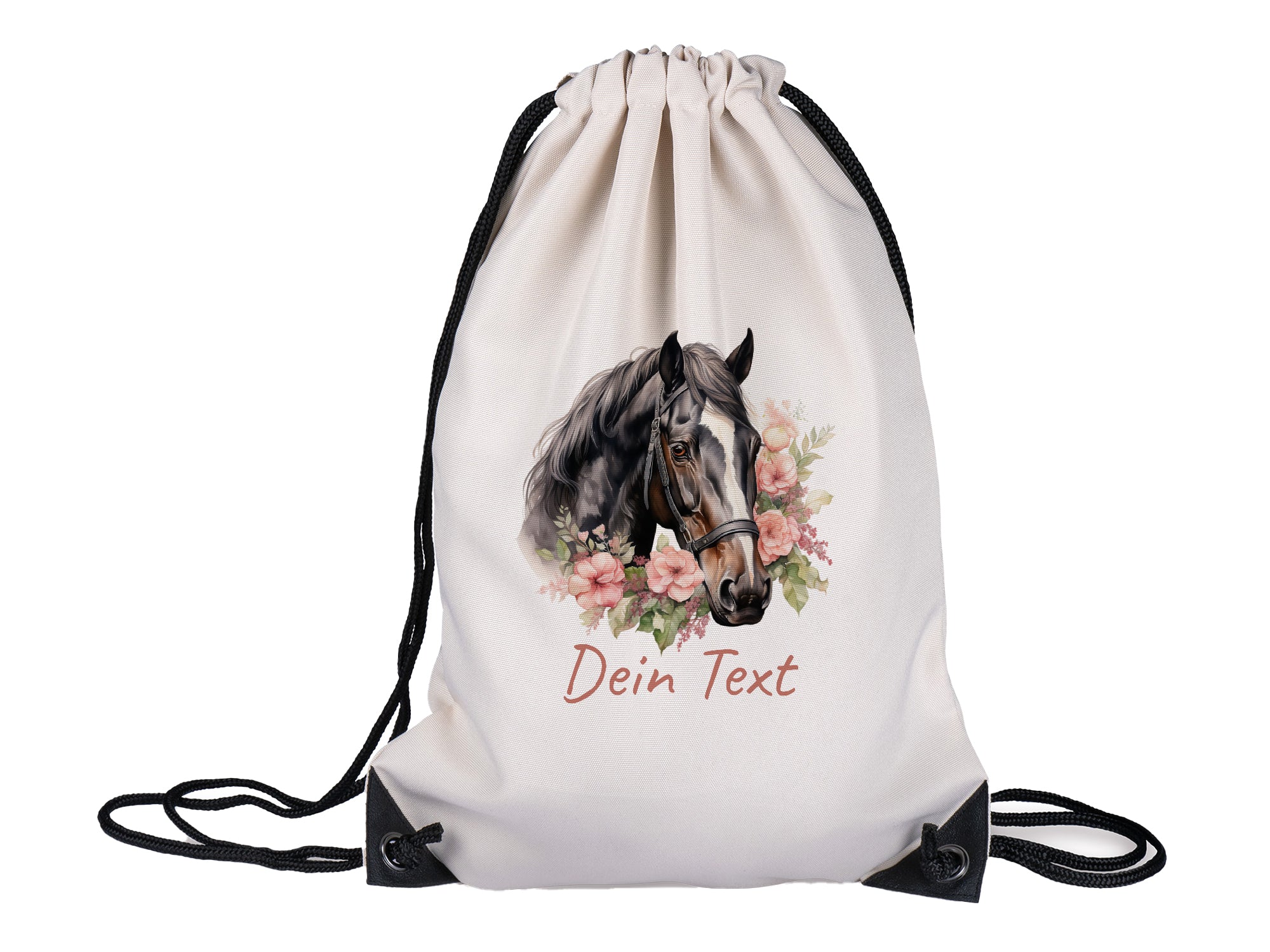 Beige Turnbeutel mit Pferdemotiv und personalisierbarem Text.