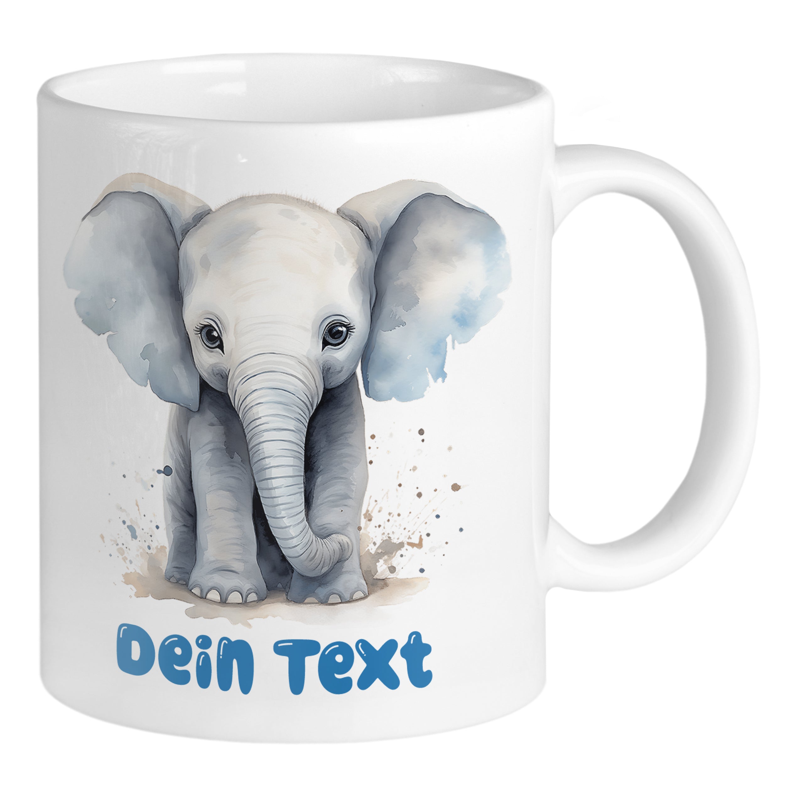 Weißer Becher mit blauem Elefanten und Text.