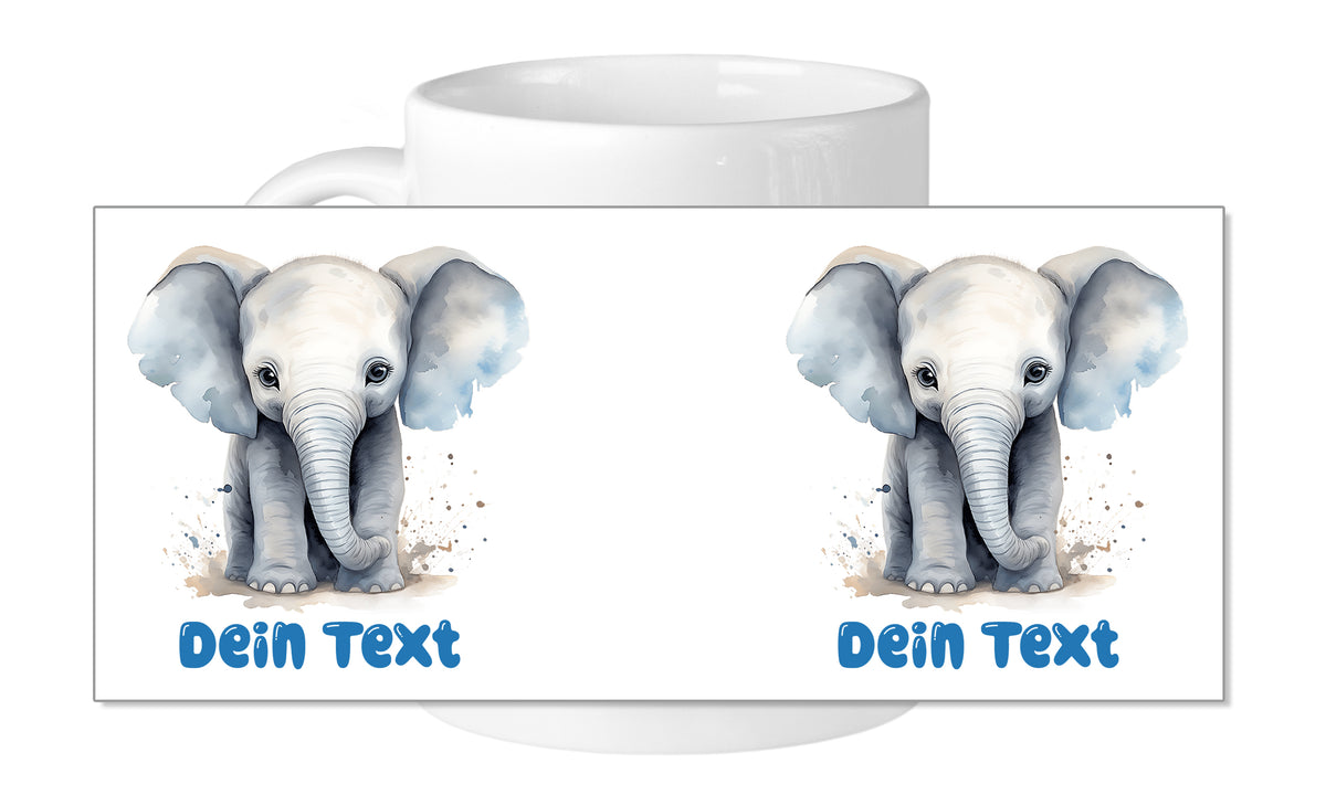 Tasse mit grauem Elefanten und personalisiertem Text.