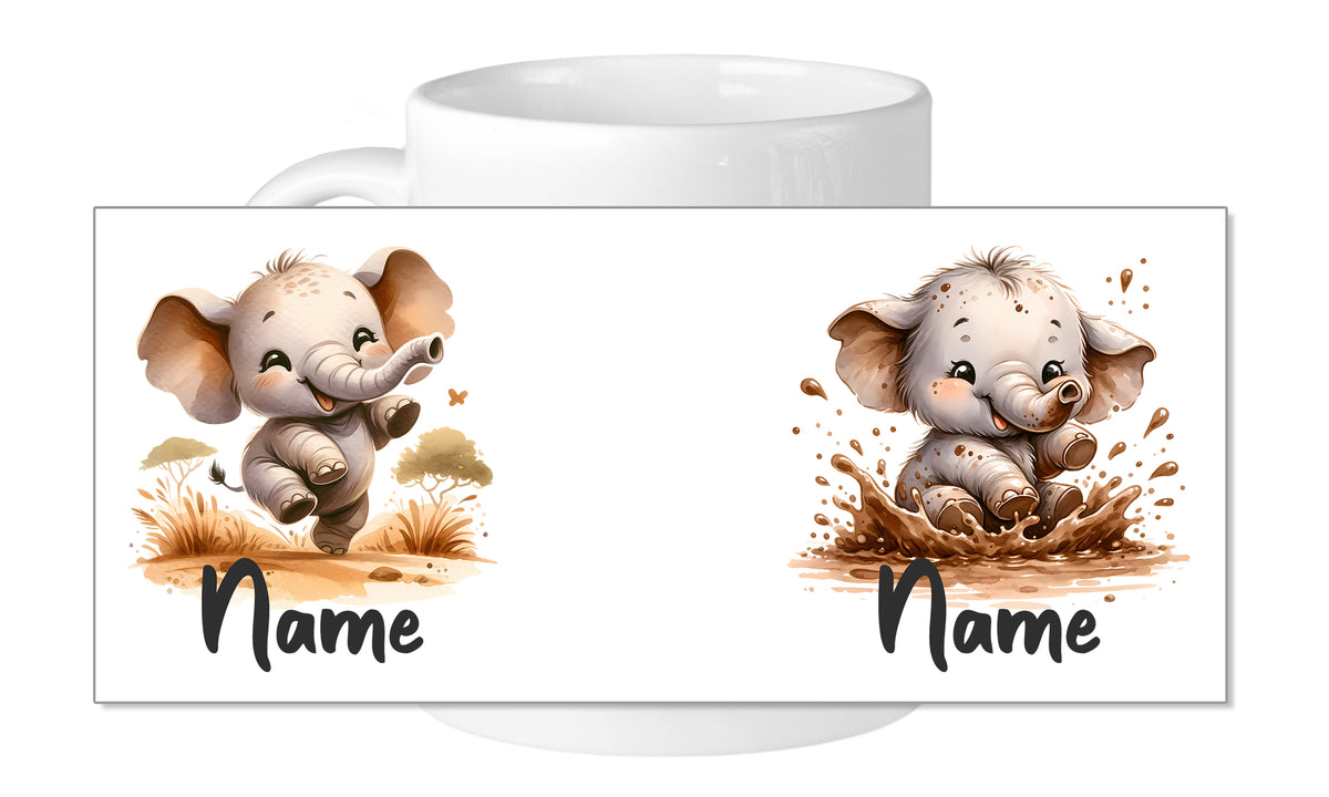 Kaffeetasse mit niedlichen Elefantenillustrationen und personalisierbarem Namen.